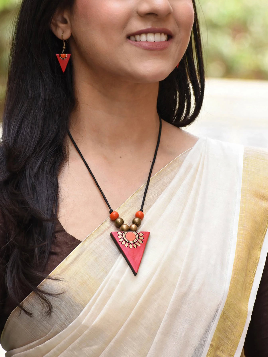 Antique Gold Toned Red Color Triangular Shape Floral Design Pendant Terracotta Medium Necklace Set