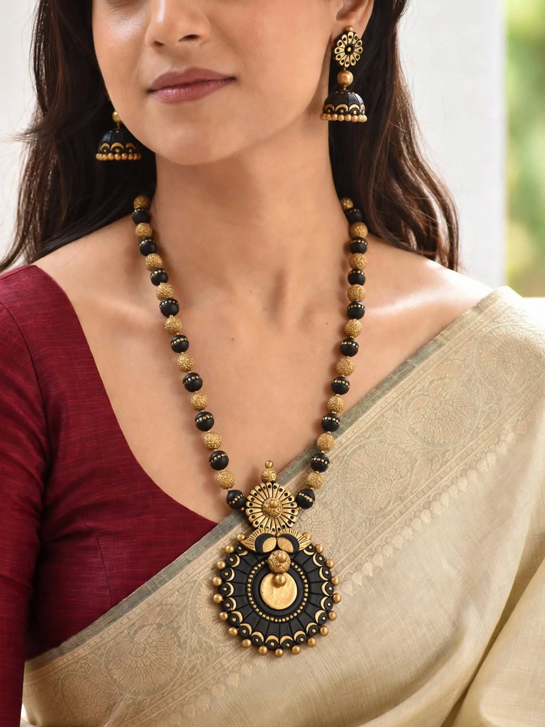 Antique Gold Toned Black And Gold Color Peacock Design Pendant Terracotta Medium Necklace Set