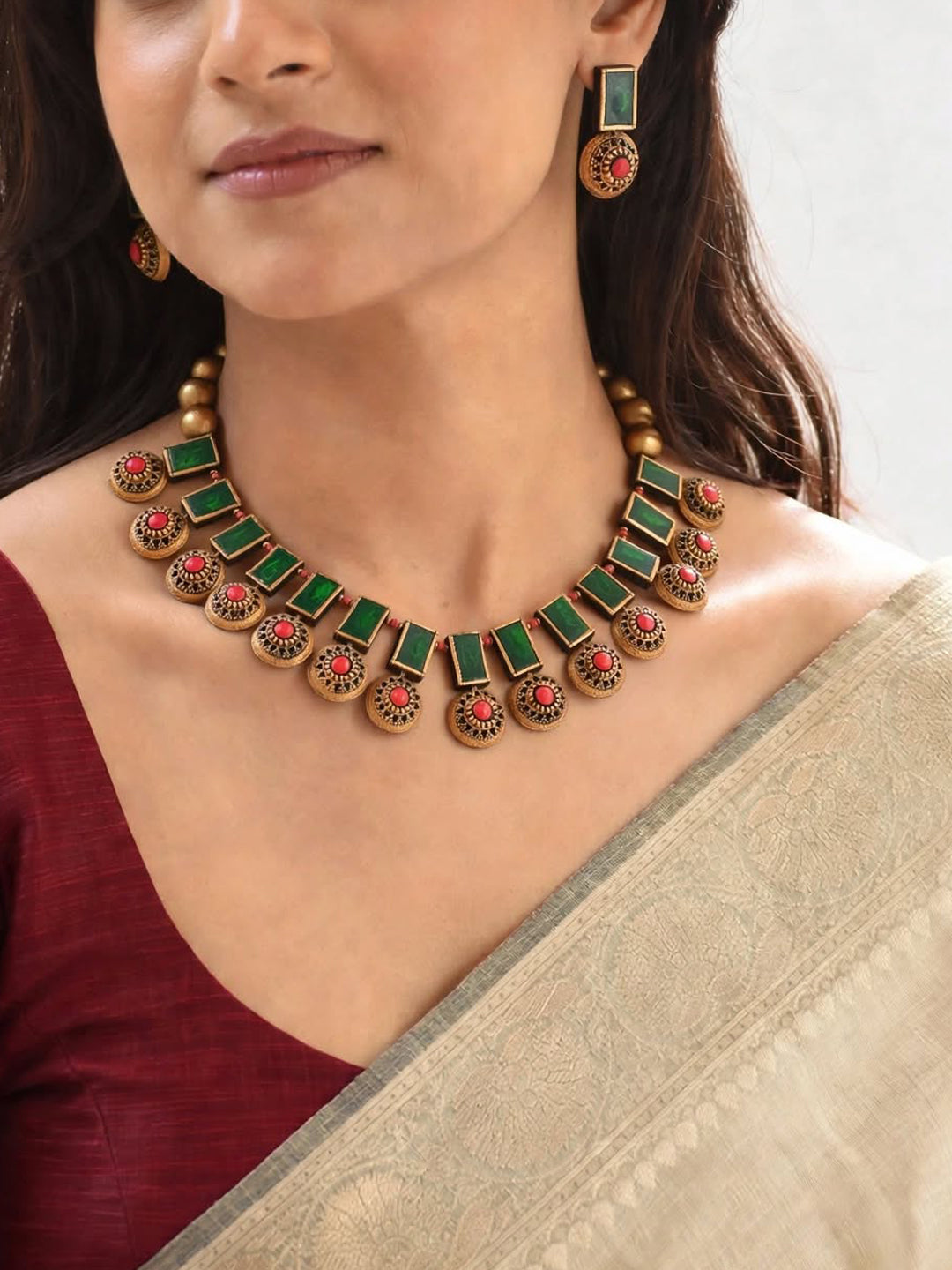 Antique Gold Toned Rectangle Design Green And Red Color Terracotta Choker Necklace Set