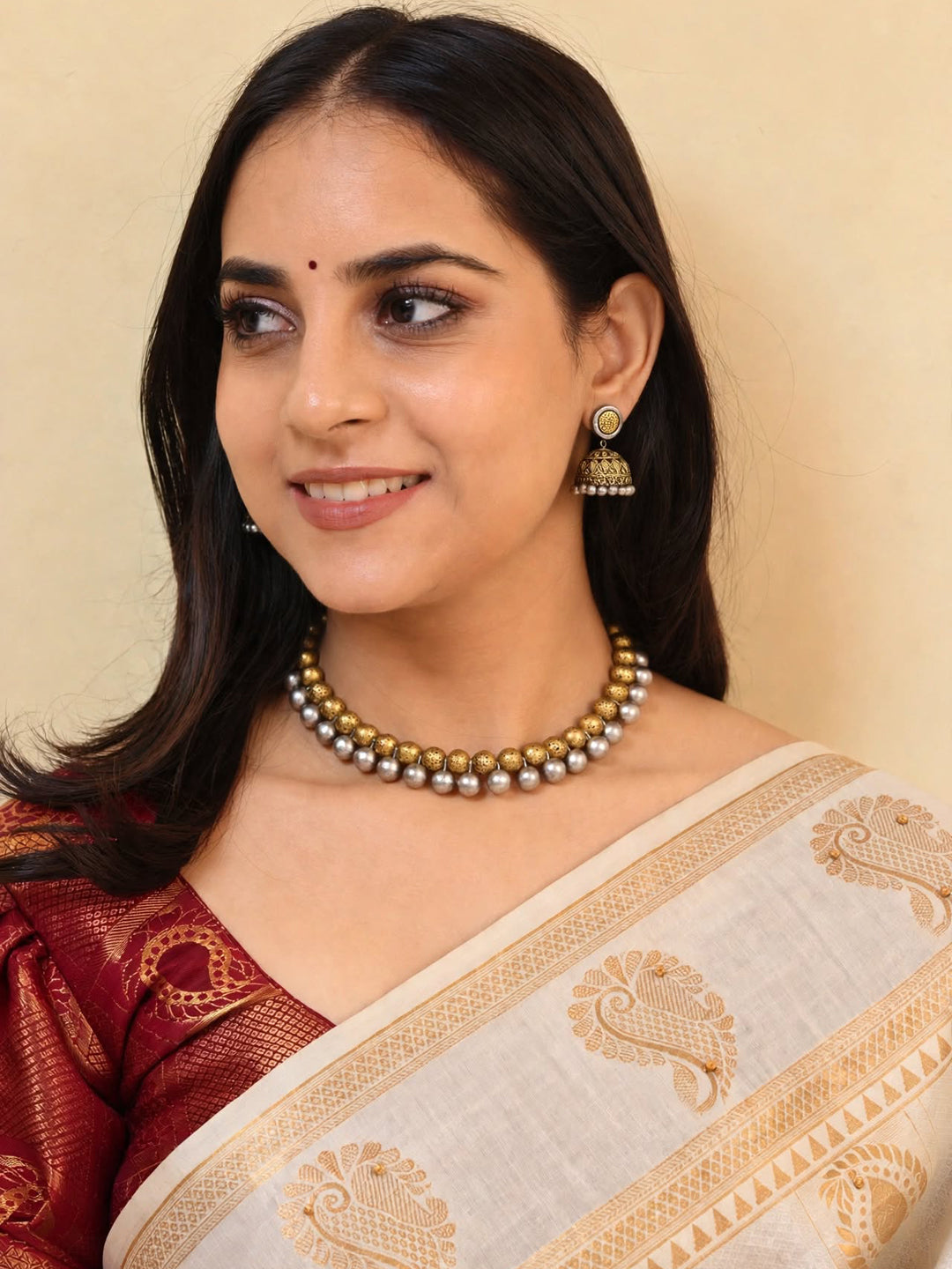 Dwandva Chitra — Dual Toned Geometric Design Beads Terracotta Choker Necklace Set