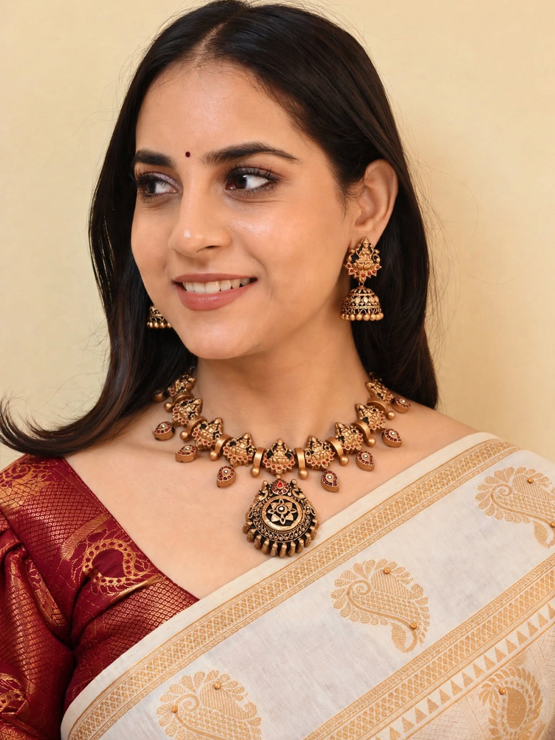 Antique Gold Toned Peacock Design Pendant With Lakshmi Design Motifs Choker Handmade Terracotta Necklace Set