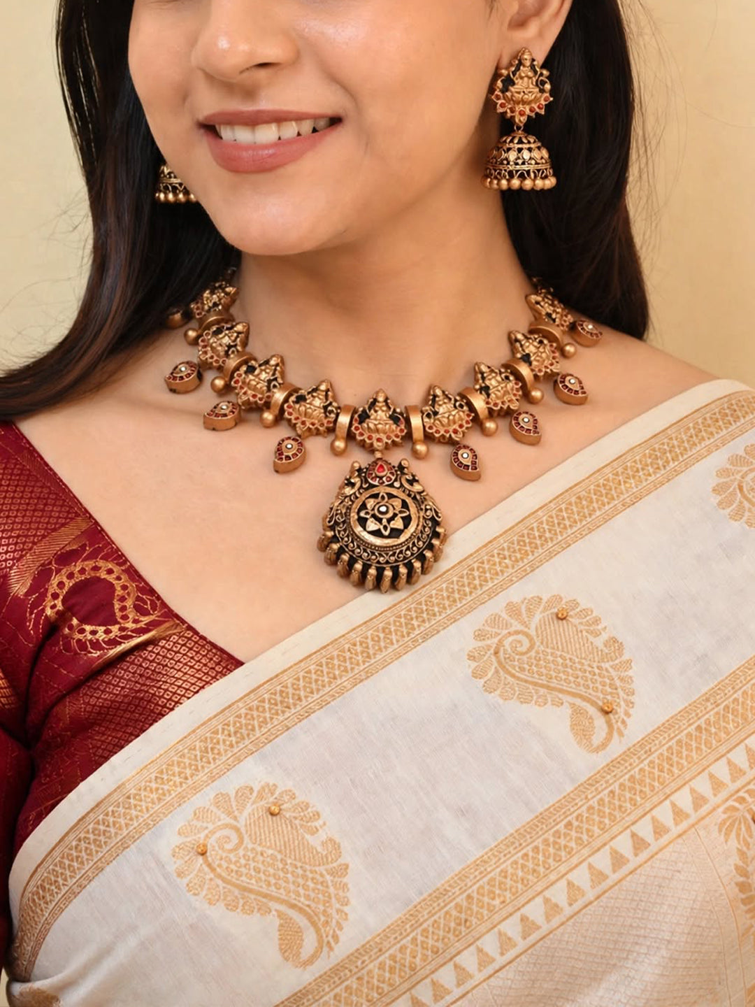 Antique Gold Toned Peacock Design Pendant With Lakshmi Design Motifs Choker Handmade Terracotta Necklace Set