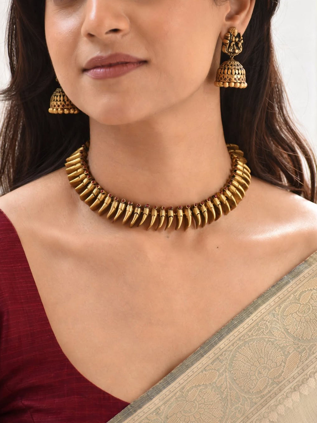 Antique Gold Toned Mullamottu Mala Design Choker Handmade Terracotta Necklace Set