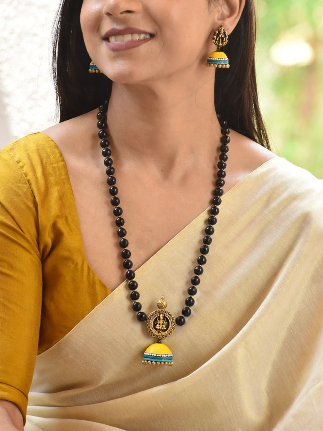 Antique Gold Toned Lakshmi Design Pendant With Black Color Beads Medium Handmade Terracotta Necklace Set