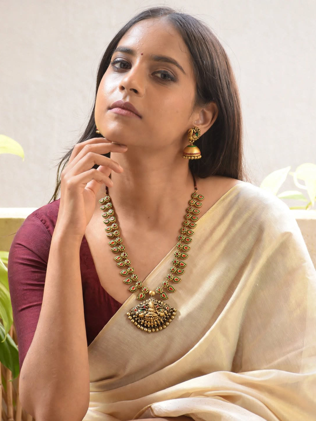 Antique Gold Toned Lakshmi Design Pendant With Mango Motifs Medium Handmade Terracotta Necklace Set