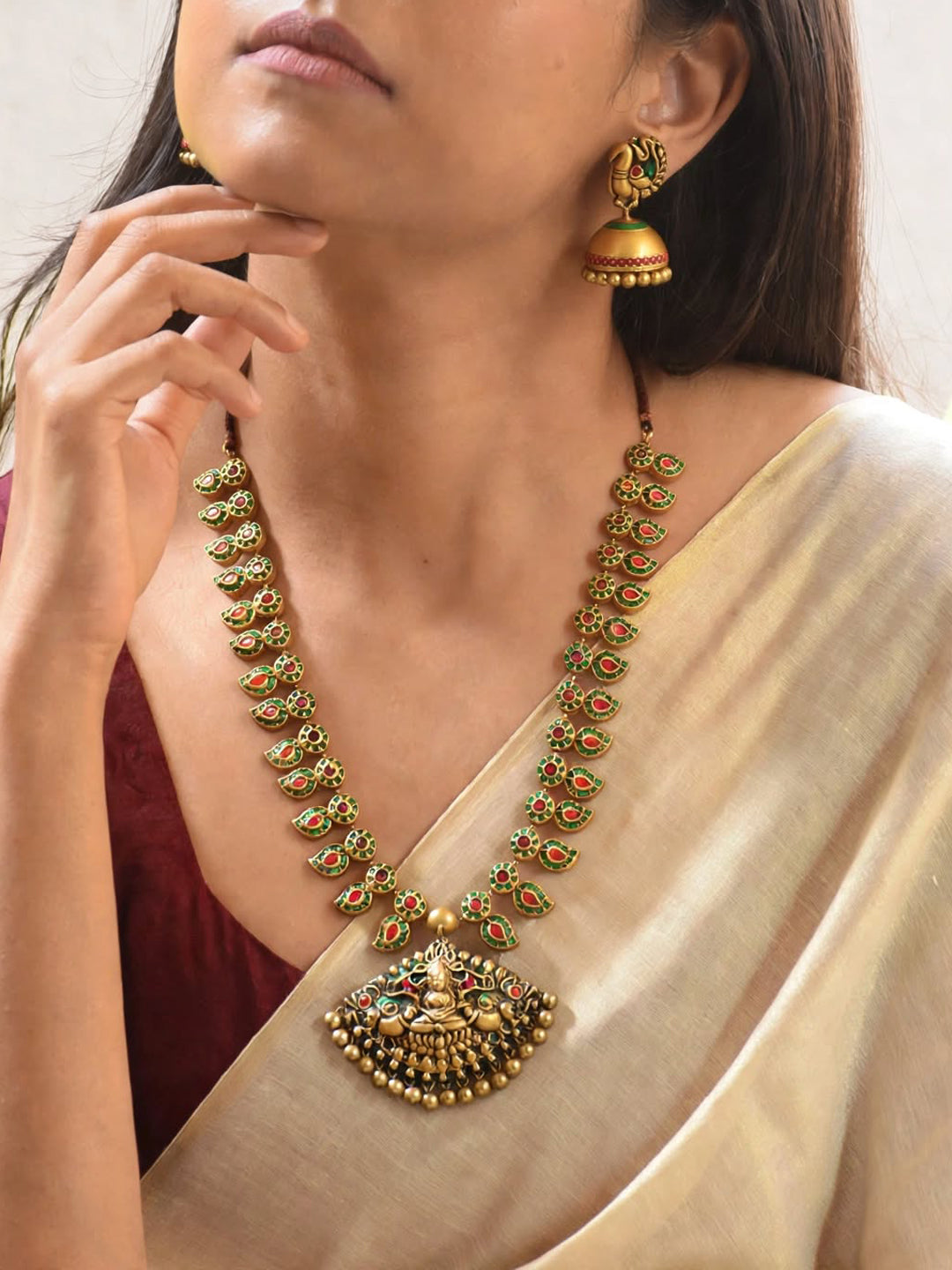 Antique Gold Toned Lakshmi Design Pendant With Mango Motifs Medium Handmade Terracotta Necklace Set
