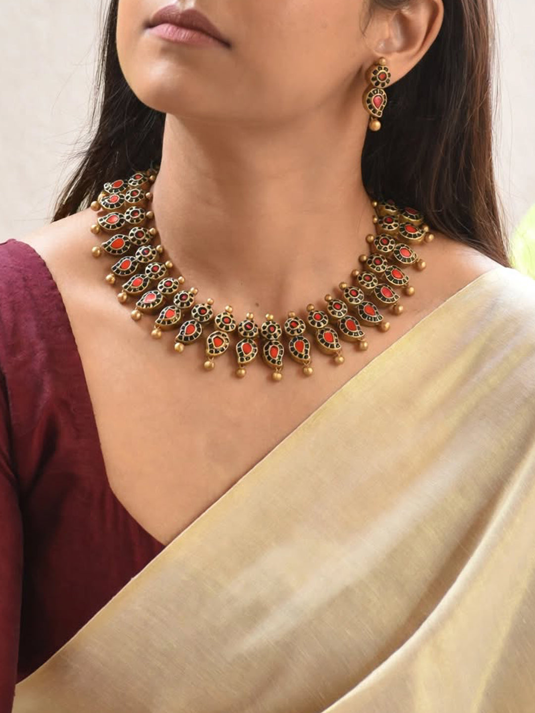 Antique Gold Toned Red And Black Color Mango Motifs Choker Handmade Terracotta Necklace Set