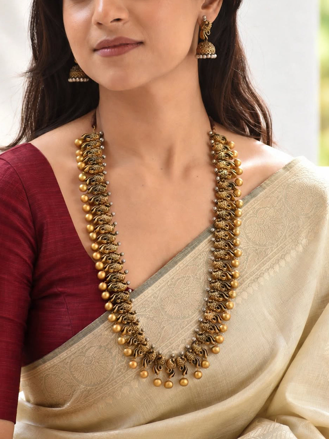 Antique Gold Toned Peacock Design Motifs Medium Handmade Terracotta Necklace Set