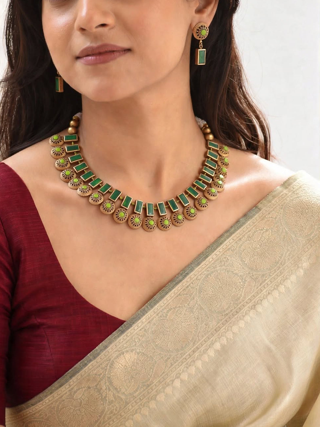 Antique Gold Toned Rectangle Design Light Green Color Terracotta Choker Necklace Set