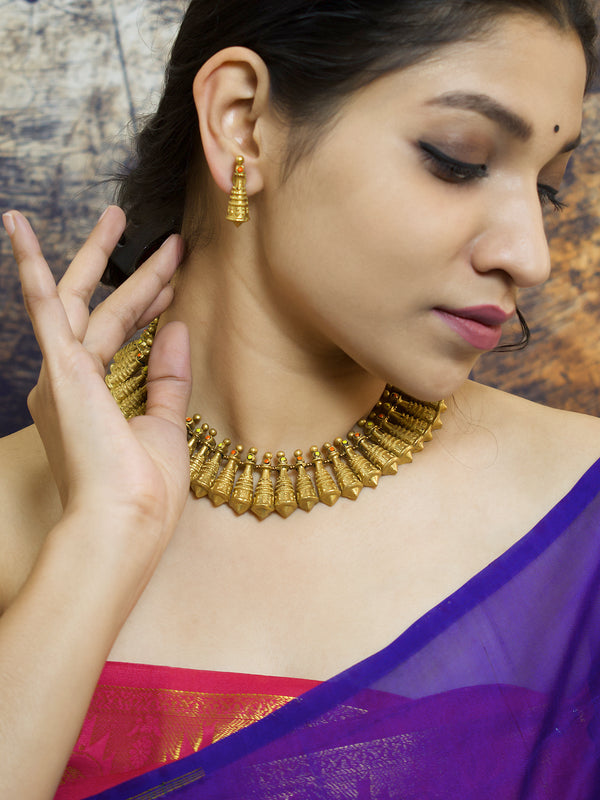 Antique Gold Toned Conical Shape Terracotta Choker Necklace Set