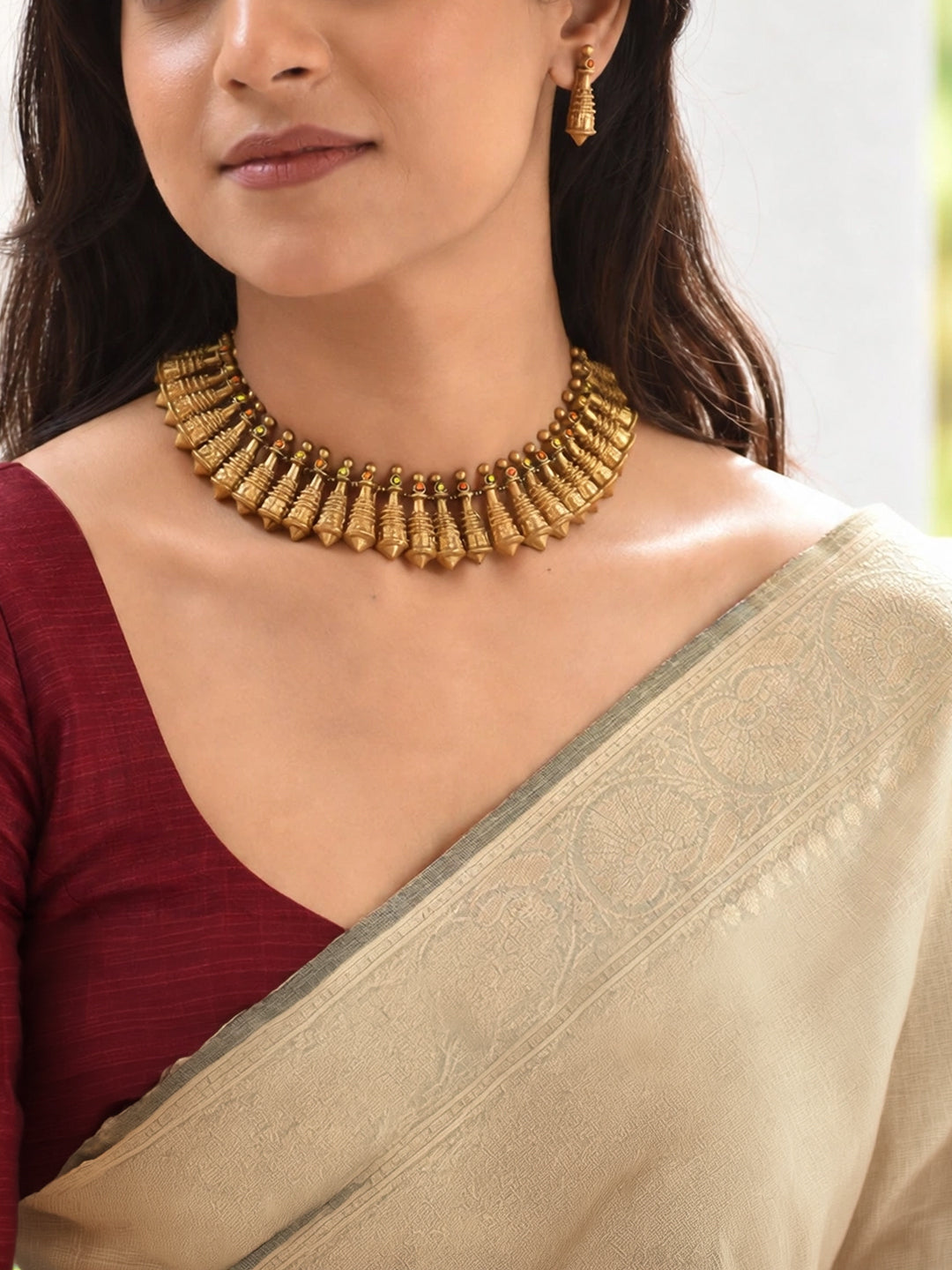 Antique Gold Toned Conical Shape Terracotta Choker Necklace Set