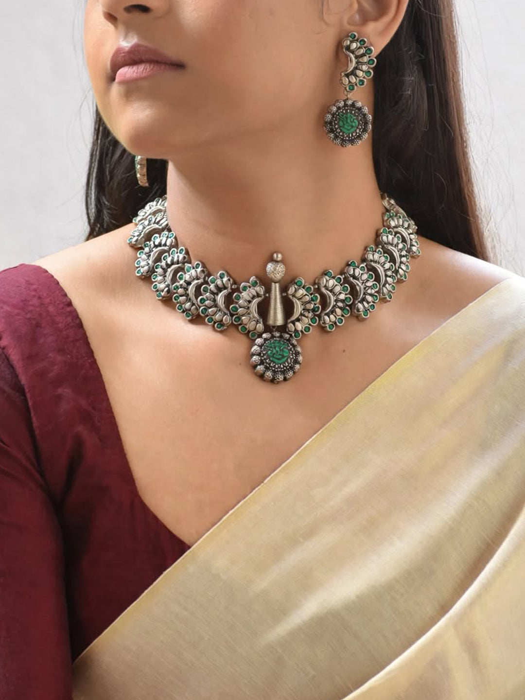 Antique Silver Toned Peacock Design Pendant Terracotta Choker Necklace Set