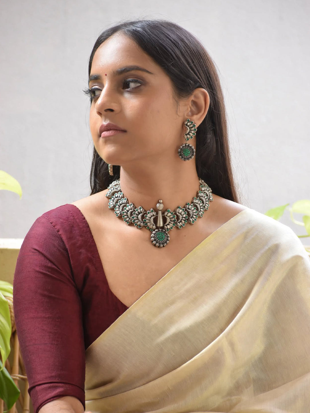 Antique Silver Toned Peacock Design Pendant Terracotta Choker Necklace Set