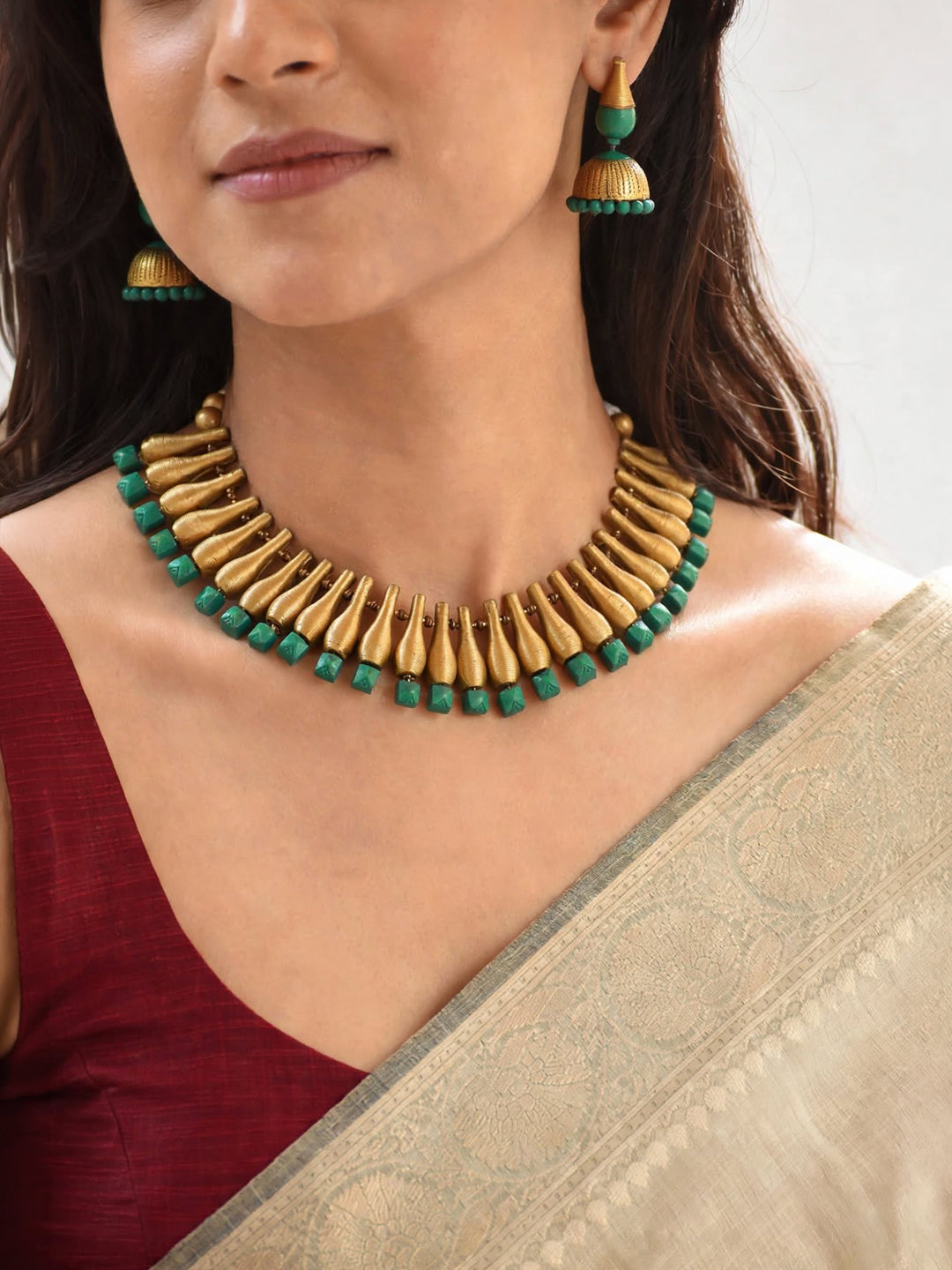 Antique Gold Toned Pot Design Terracotta Choker Necklace Set