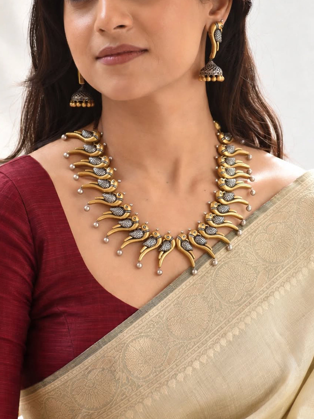 Thotha (तोता) - Antique Gold Toned Parrot Design Terracotta Choker Necklace Set