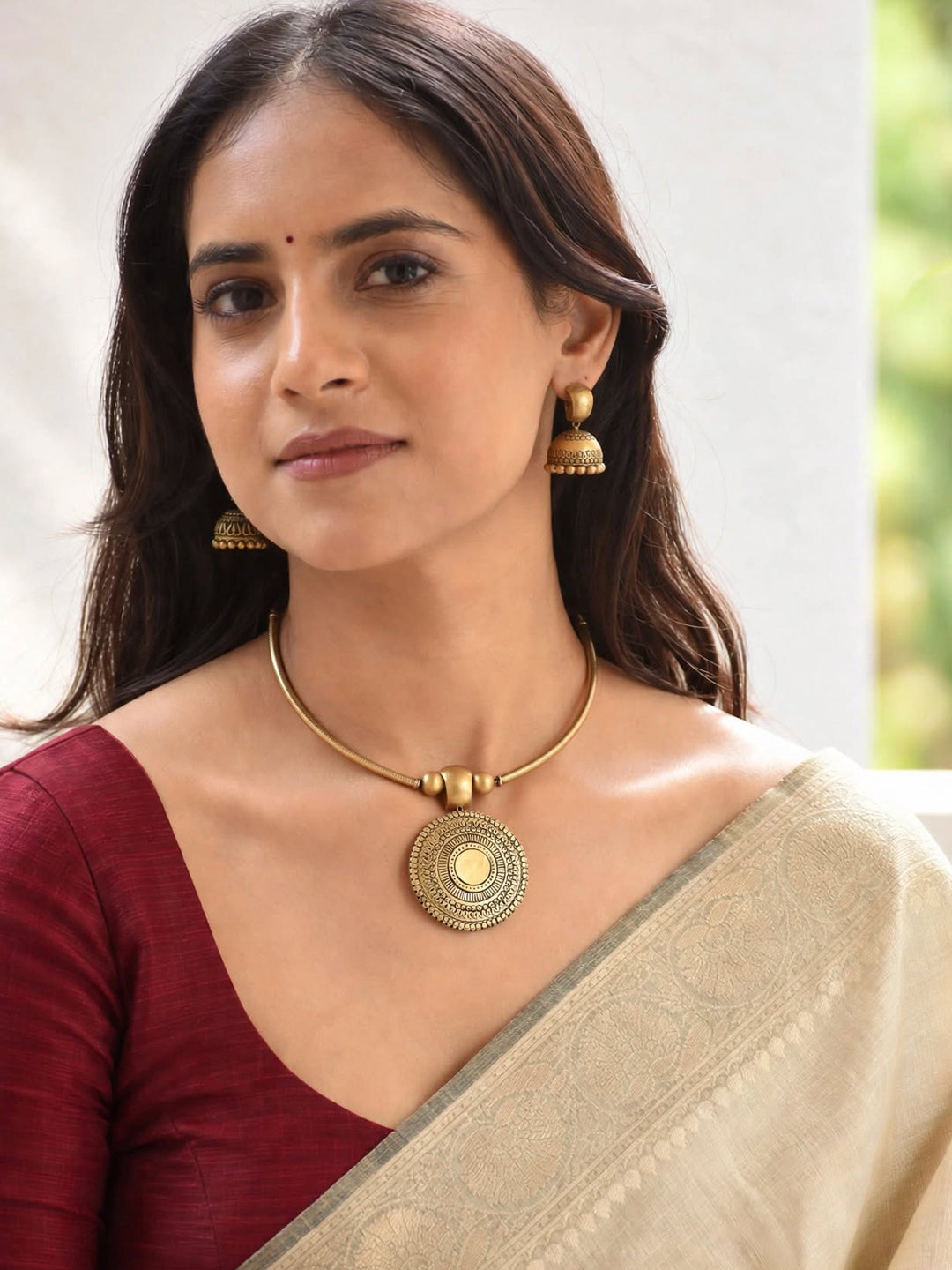 Mandalika — Antique Gold Toned Mandala Design Circular Shape Terracotta Choker Necklace Set