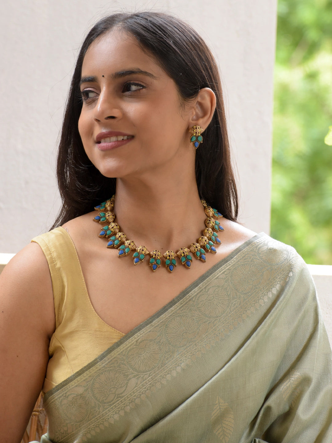 Pallavika — Antique Gold Toned Leaf Design Blue And Green Color Terracotta Choker Necklace Set