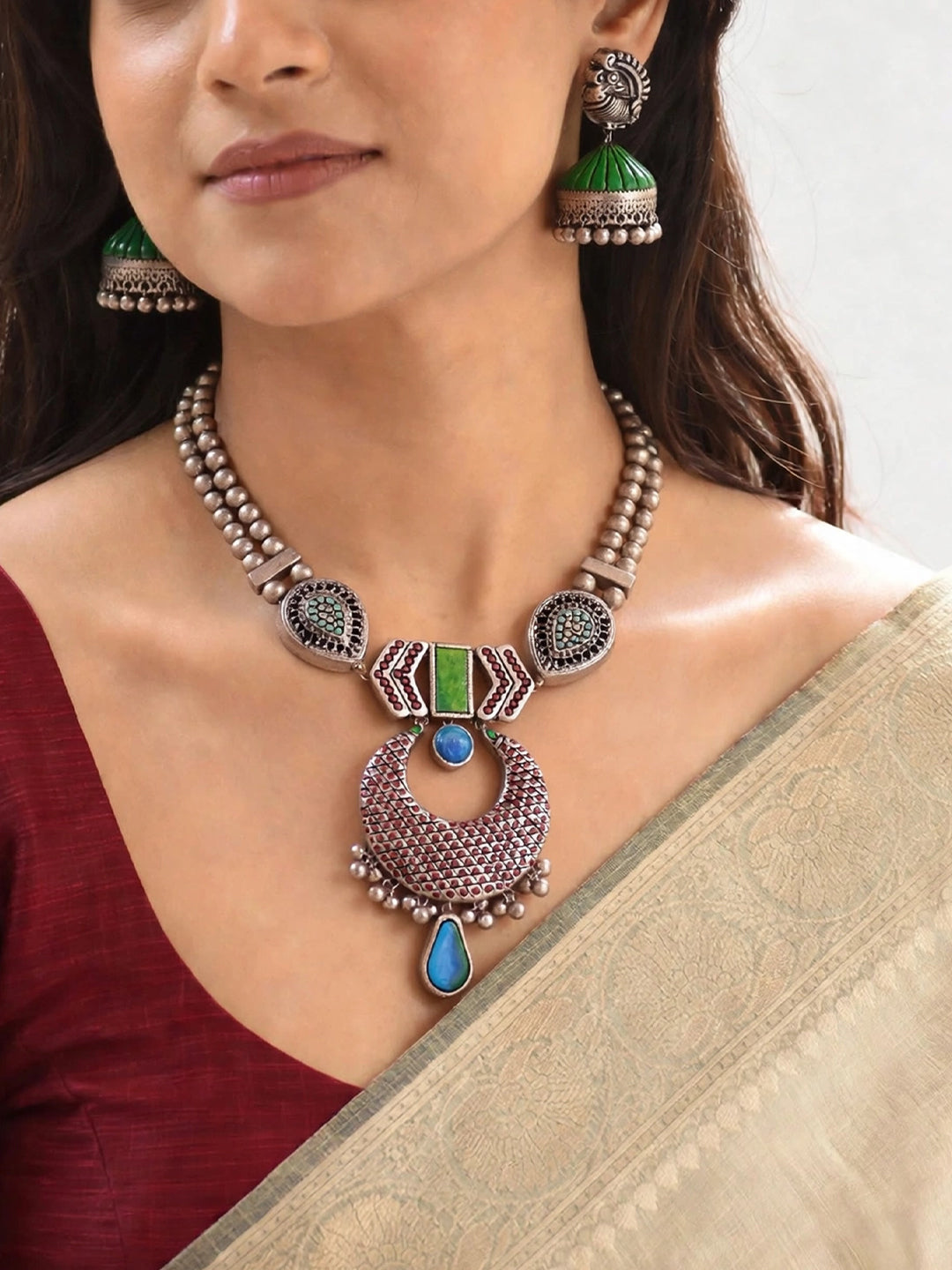 Antique Gold Toned Two Layered Halfmoon Design Pendant Blue And Green Color Terracotta Choker Necklace Set