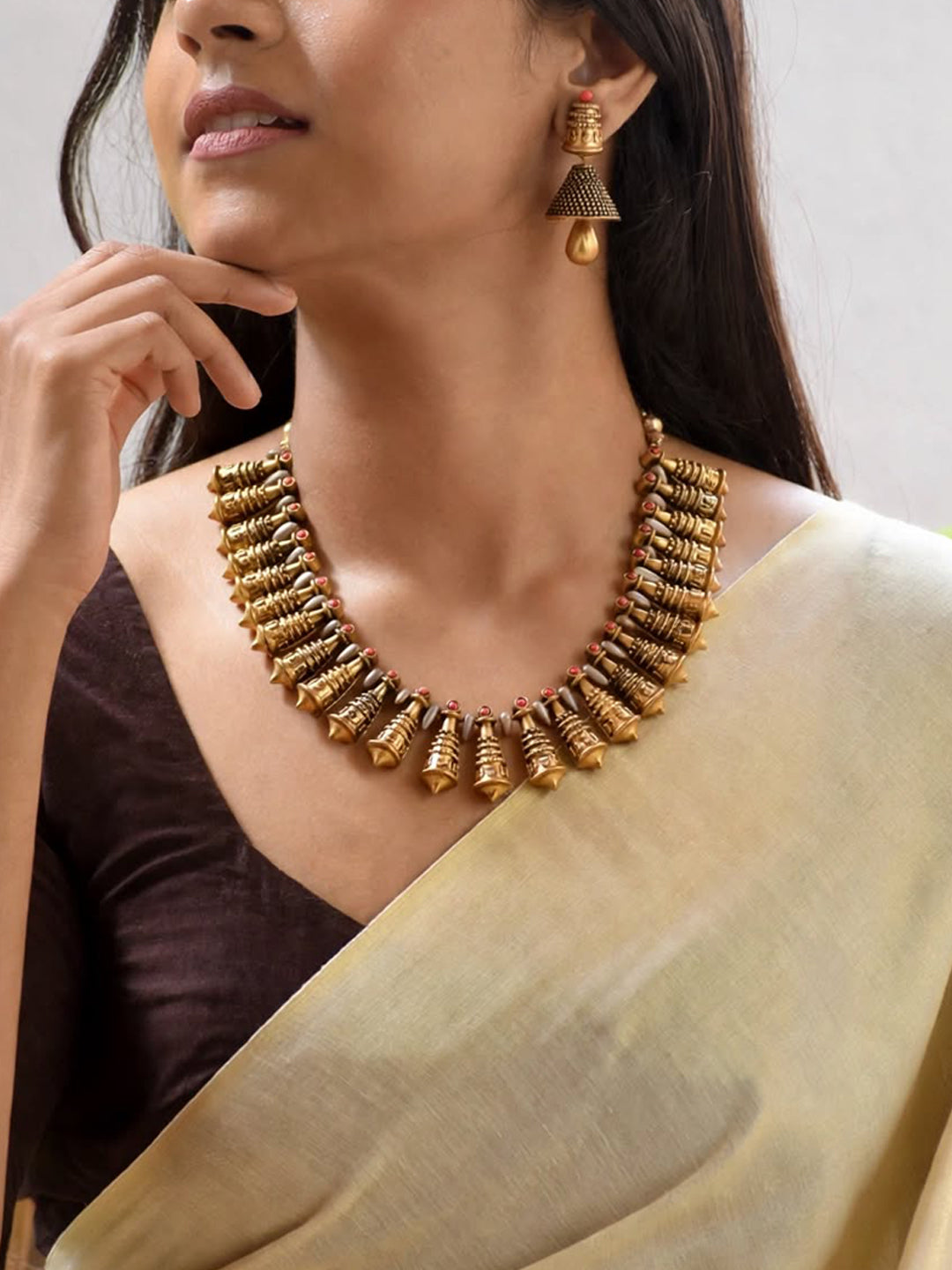 Antique Gold Toned Conical Shape Geometric Design Motifs Terracotta Choker Necklace Set