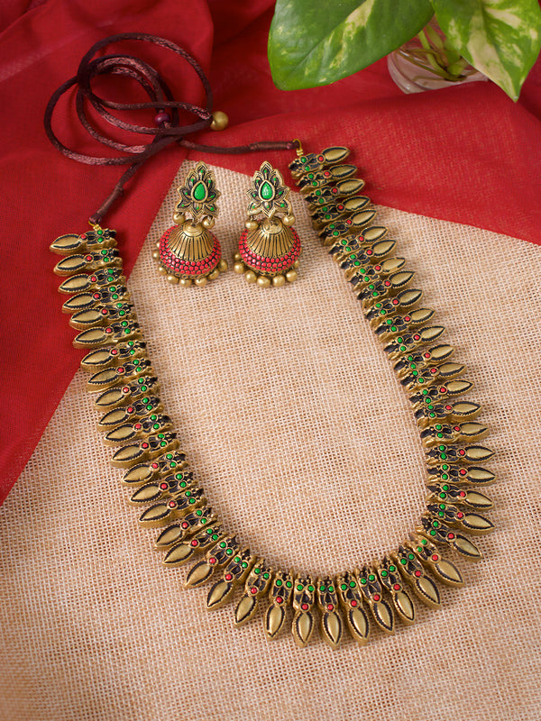 Antique Gold Toned Tear Drop Design Motifs Red And Green Color Terracotta Long Necklace Set