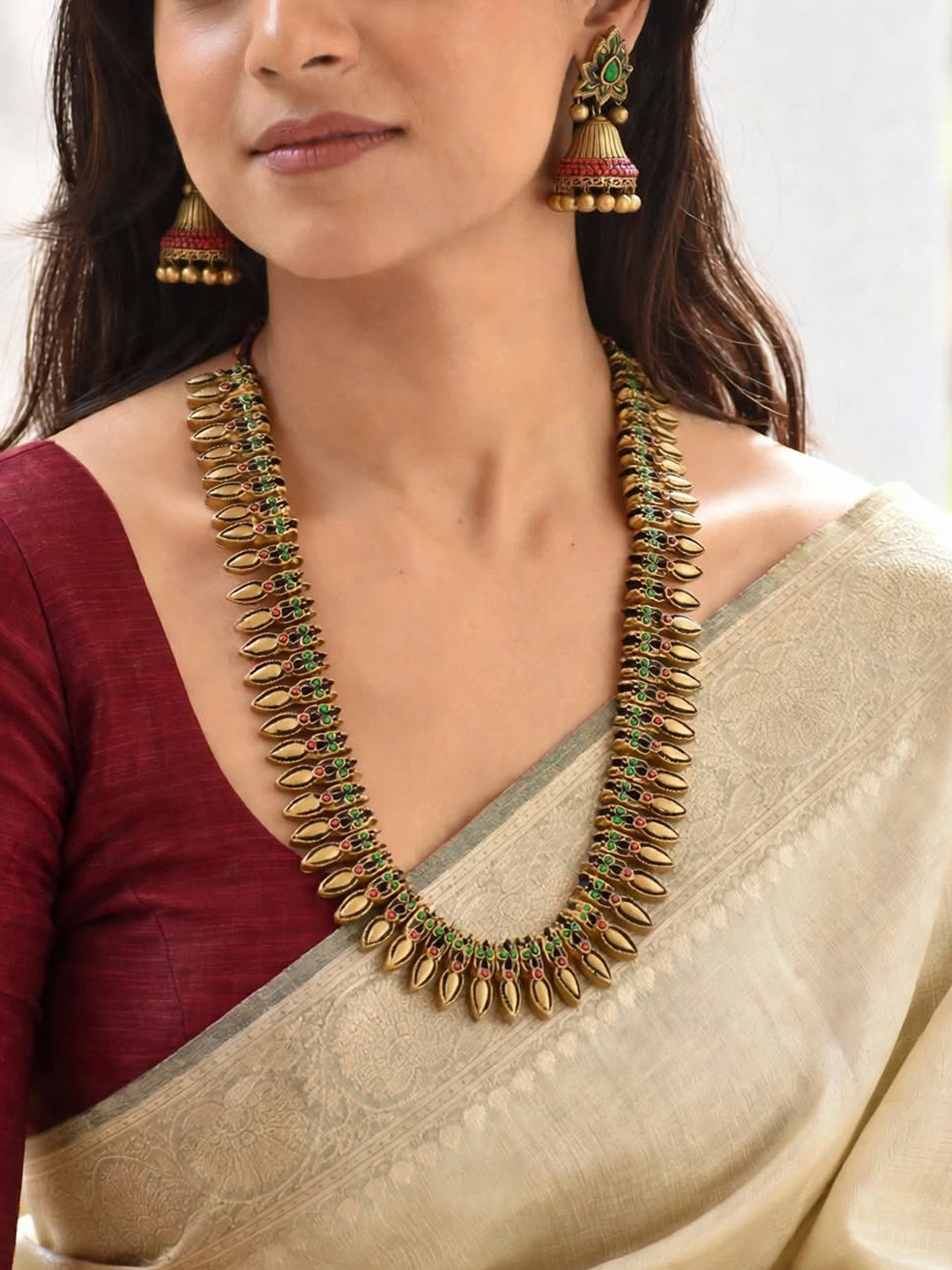 Antique Gold Toned Tear Drop Design Motifs Red And Green Color Terracotta Long Necklace Set