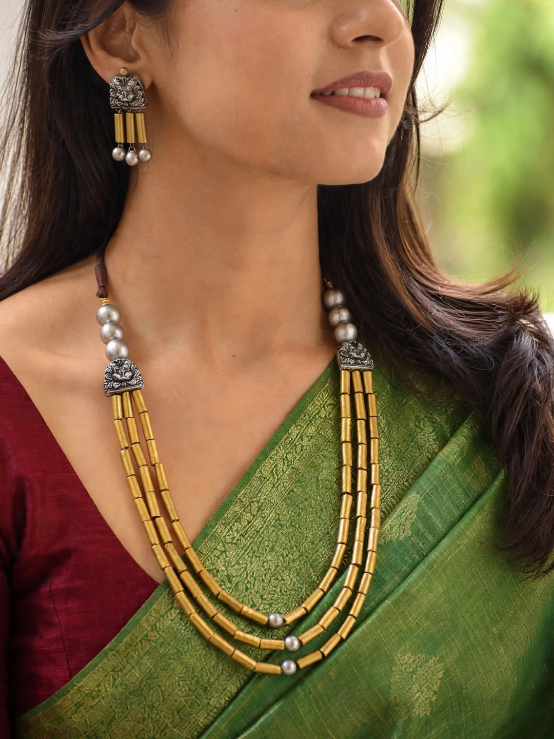 Antique Gold Toned Multilayered Tube Shape Beads Terracotta Medium Necklace Set