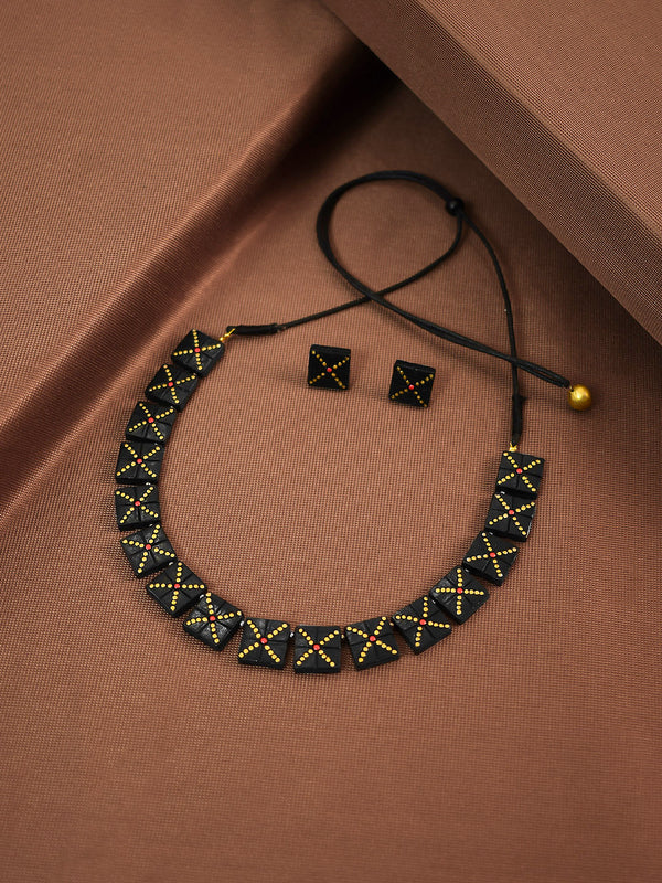 Antique Black Color Dotted Square Design Motifs Terracotta Choker Necklace Set