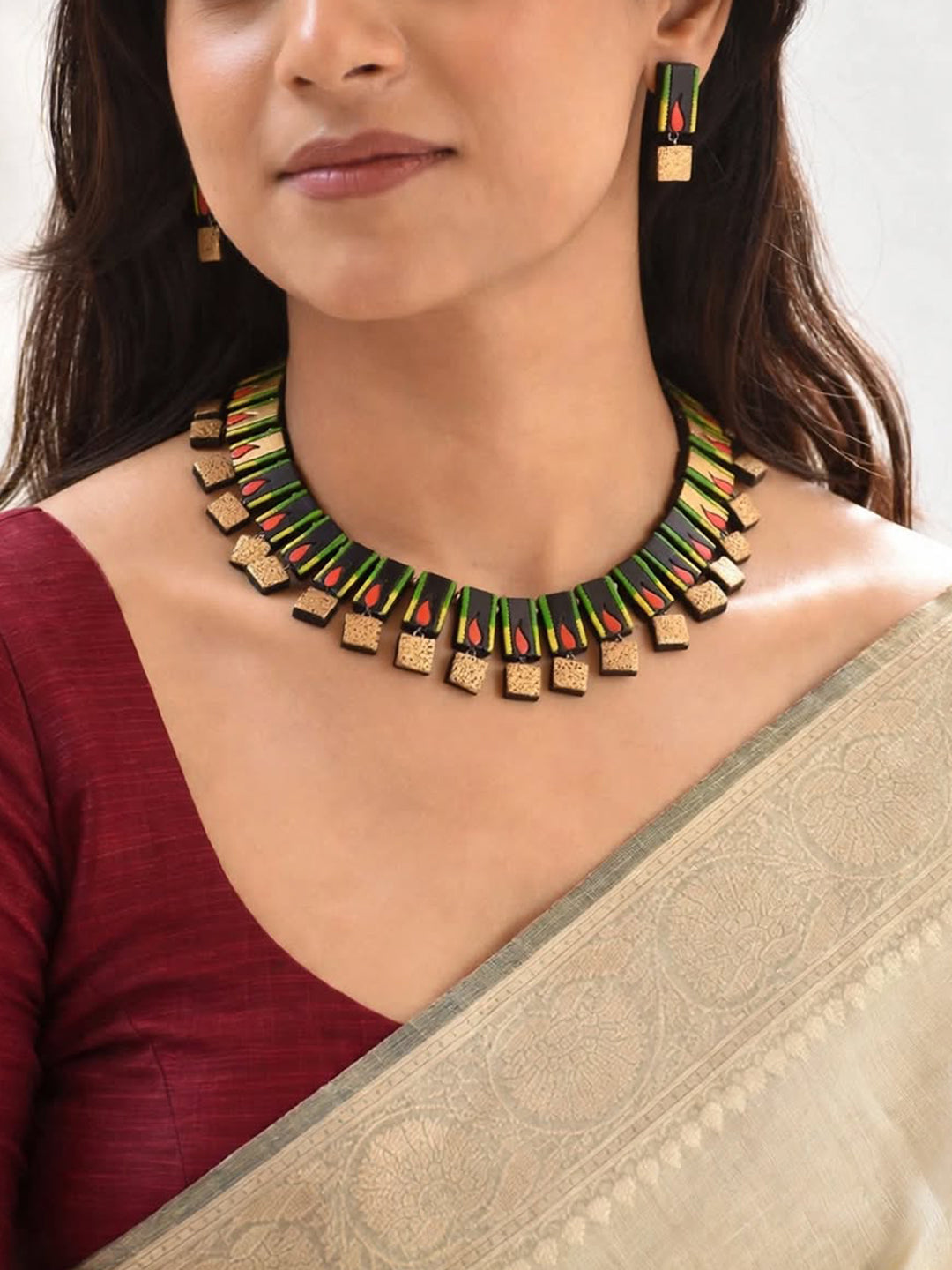 Antique Gold Toned Rectangular Shape Motifs Green And Red Color Hand Painted Terracotta Choker Necklace Set