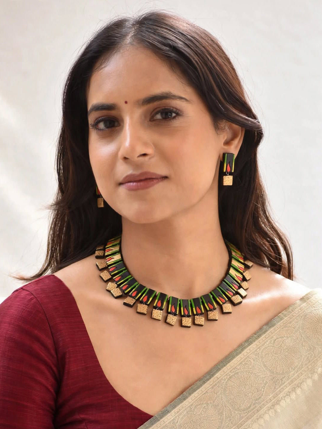 Antique Gold Toned Rectangular Shape Motifs Green And Red Color Hand Painted Terracotta Choker Necklace Set