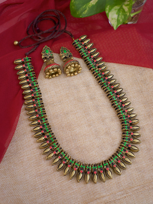 Antique Gold Toned Tear Drop Design Motifs Red And Green Color Terracotta Long Necklace Set