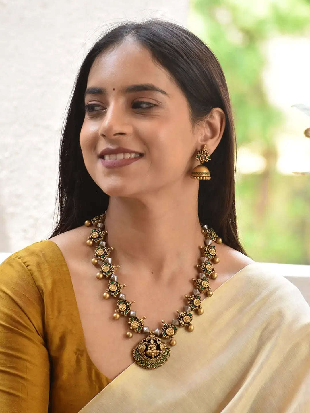 Lakshmi and Mango Design Antique Gold Silver Sap Green Handmade Terracotta Necklace Set