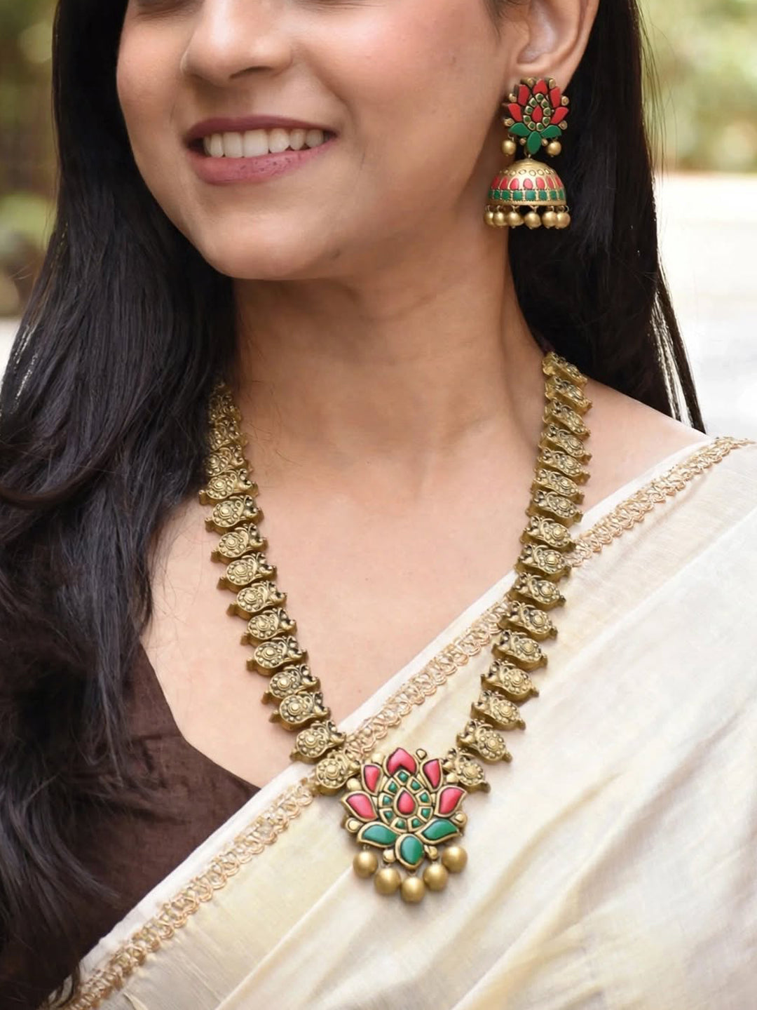 Antique Gold Pink Green Peacock and Lotus Design Long Handmade Terracotta Necklace Set