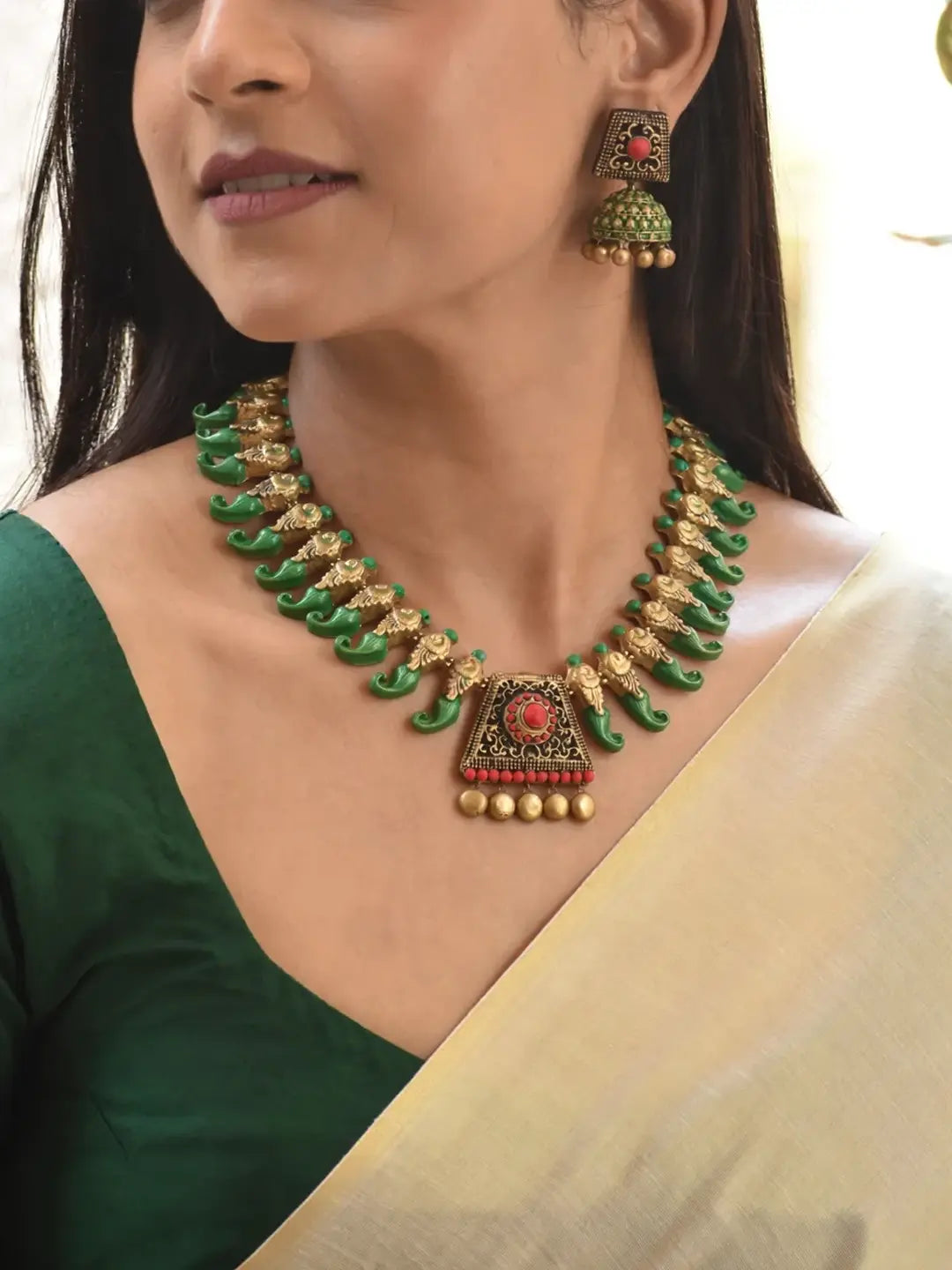 Peacock Design Pattern Mandal Art Work Pendant Antique Gold Red Green Long Handmade Terracotta Necklace Set