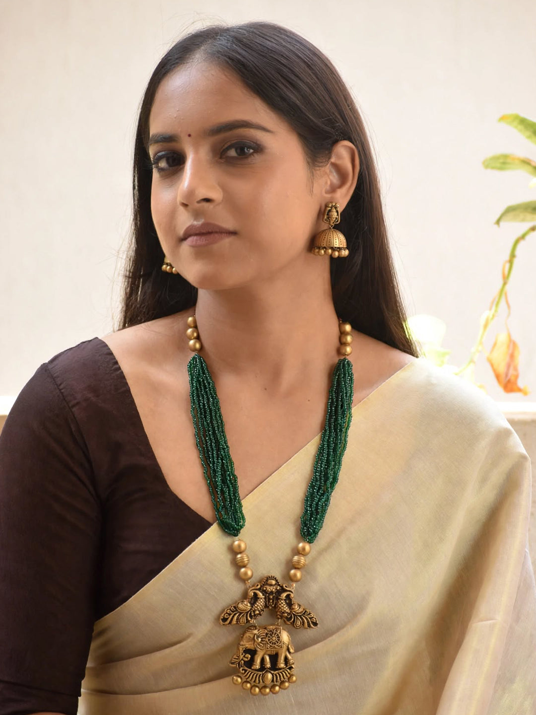 Elephant Peacock Pendant Design Acrylic Green Beads Cluster Handmade Terracotta Necklace Set