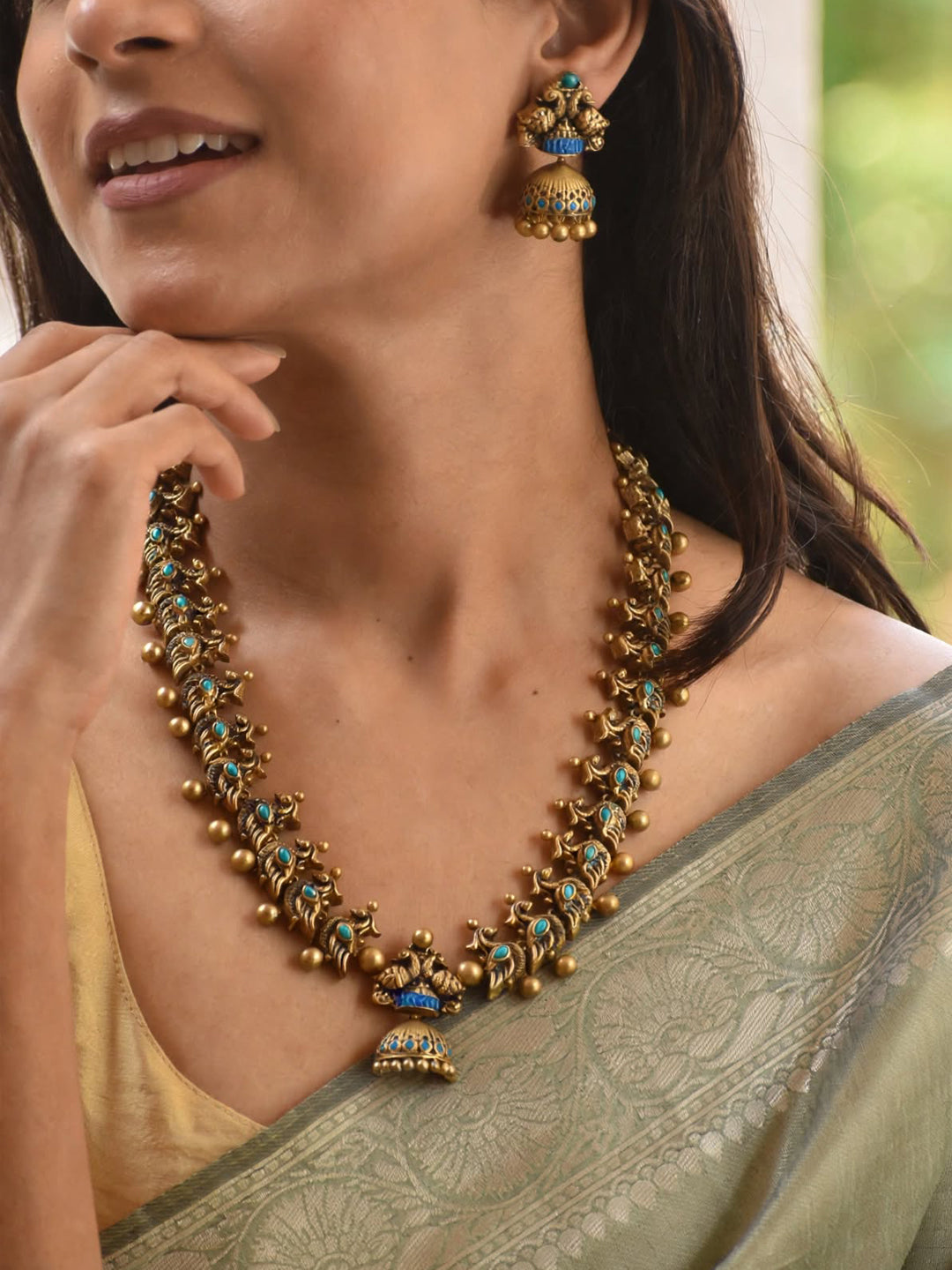 Traditional Peacock Design Antique Gold Blue Aqua Green Haram Long Handmade Terracotta Necklace Set