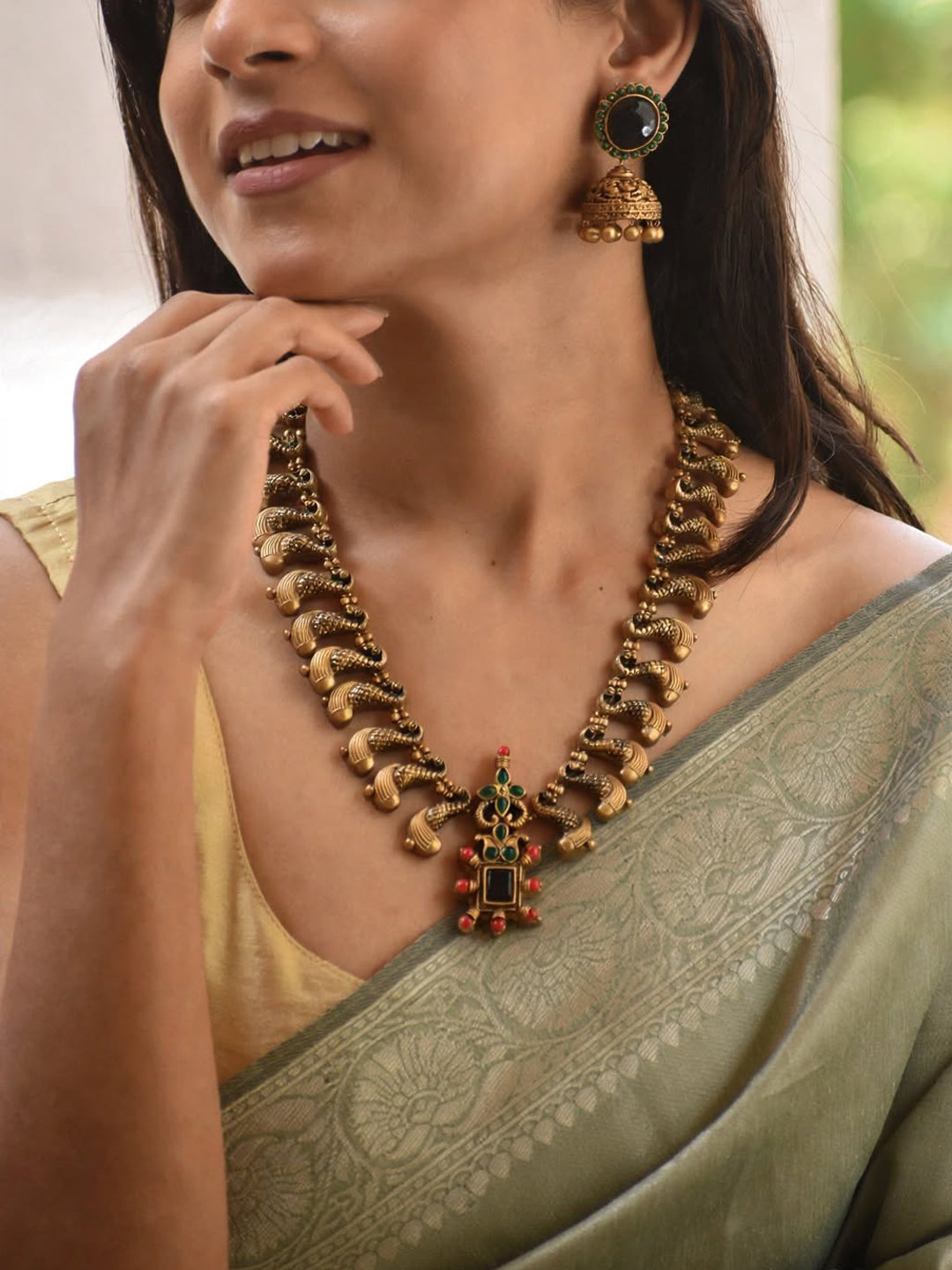 Antique Gold Pink Green Black Peacock Design Square Pendant Handmade Terracotta Necklace Set