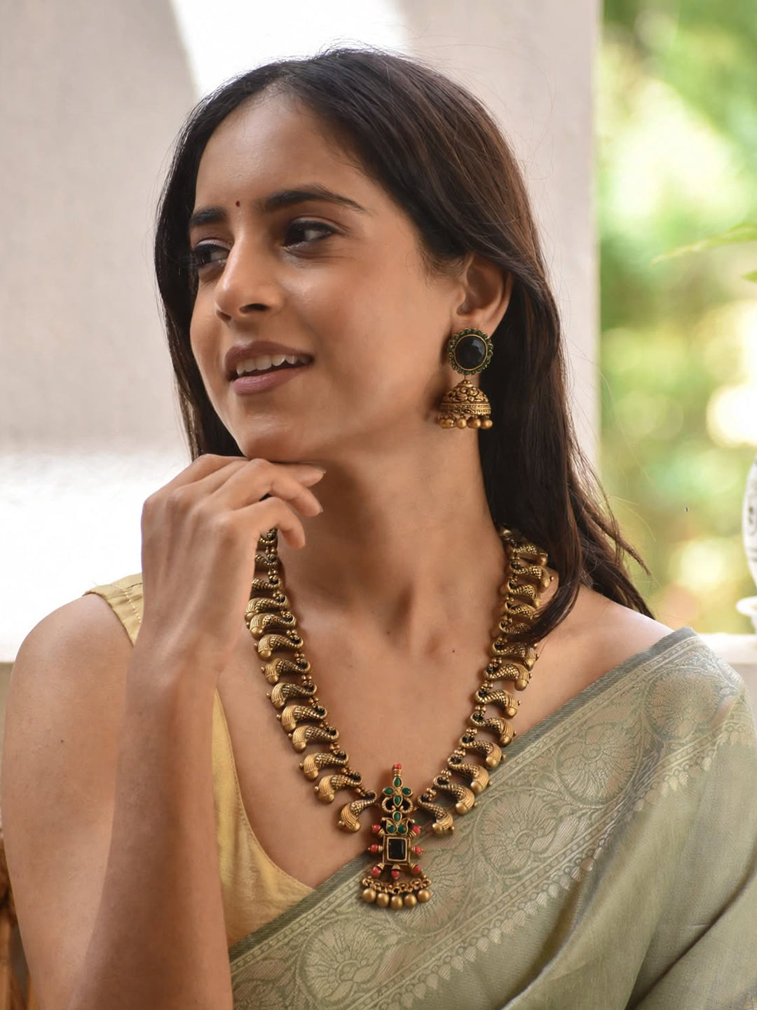 Antique Gold Pink Green Black Peacock Design Square Pendant Handmade Terracotta Necklace Set