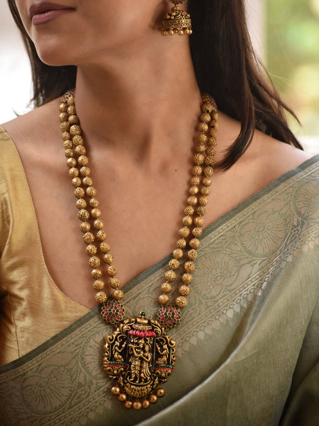 Antique Gold Pink Green Radha Krishna Two Layered Handmade Terracotta Necklace Set