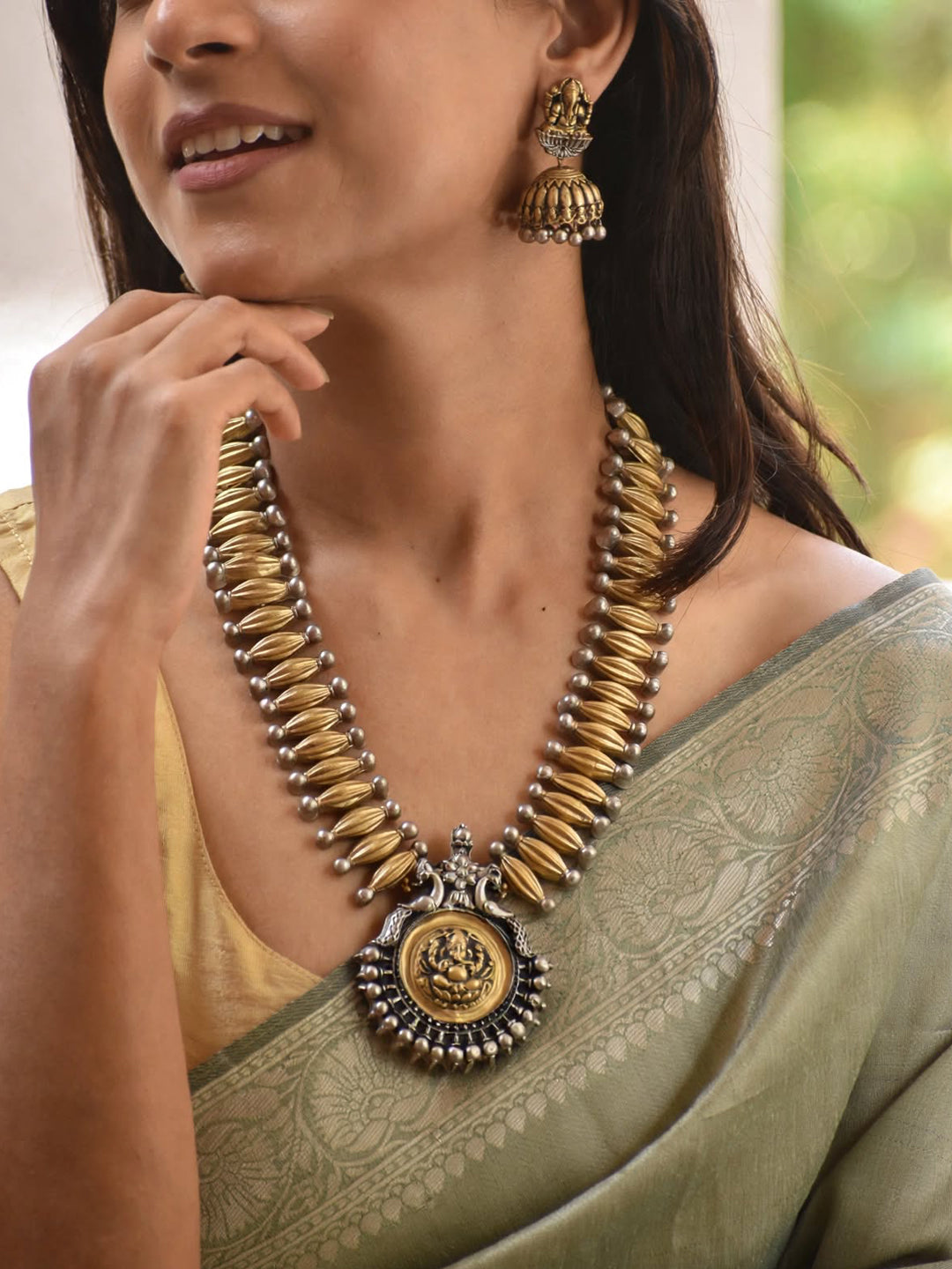 Antique Gold Silver Ganesha and Peacock Design Handmade Terracotta Necklace Set
