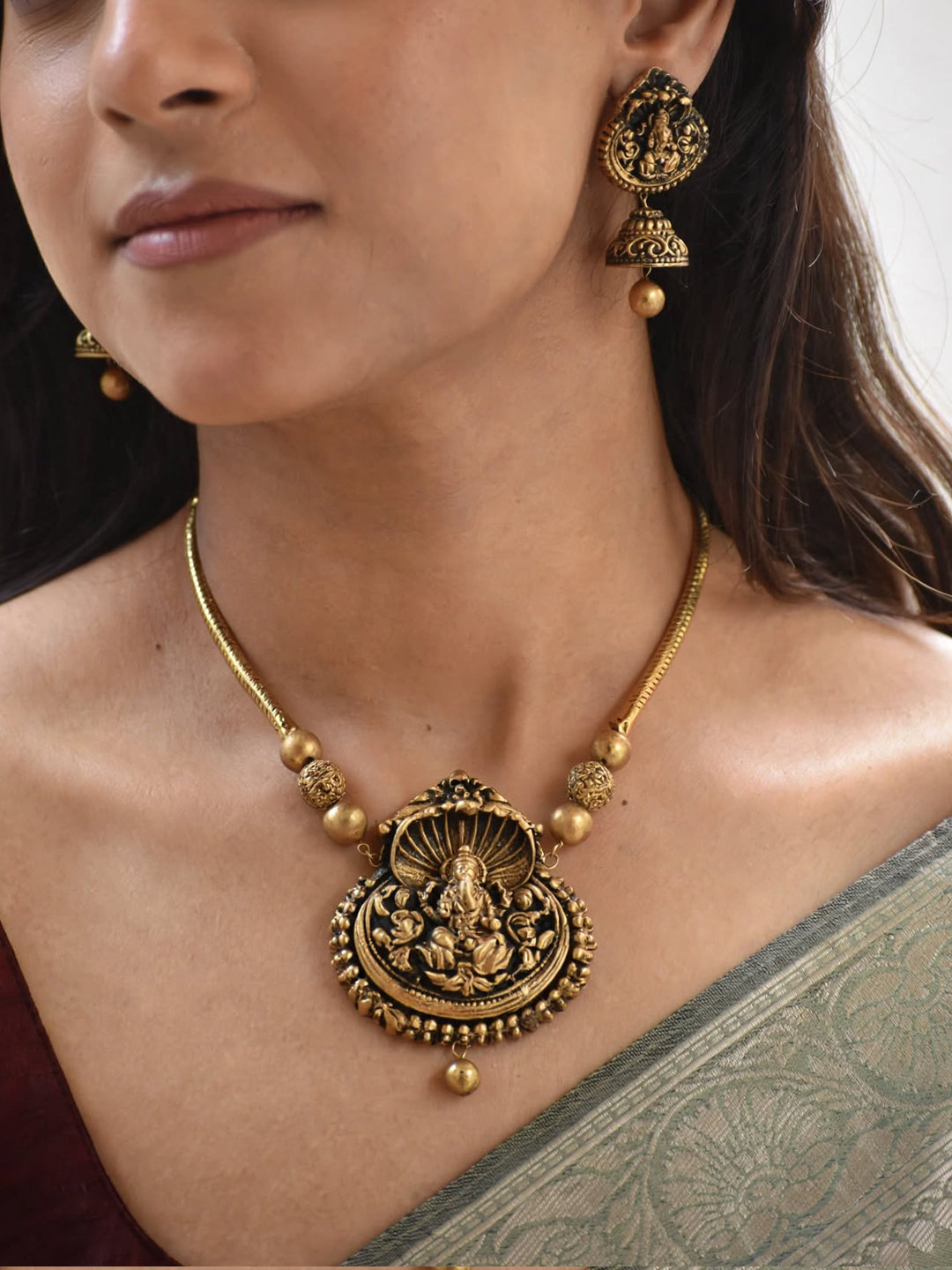 Antique Gold Lakshmi Design Temple Hasli Handmade Terracotta Necklace Set