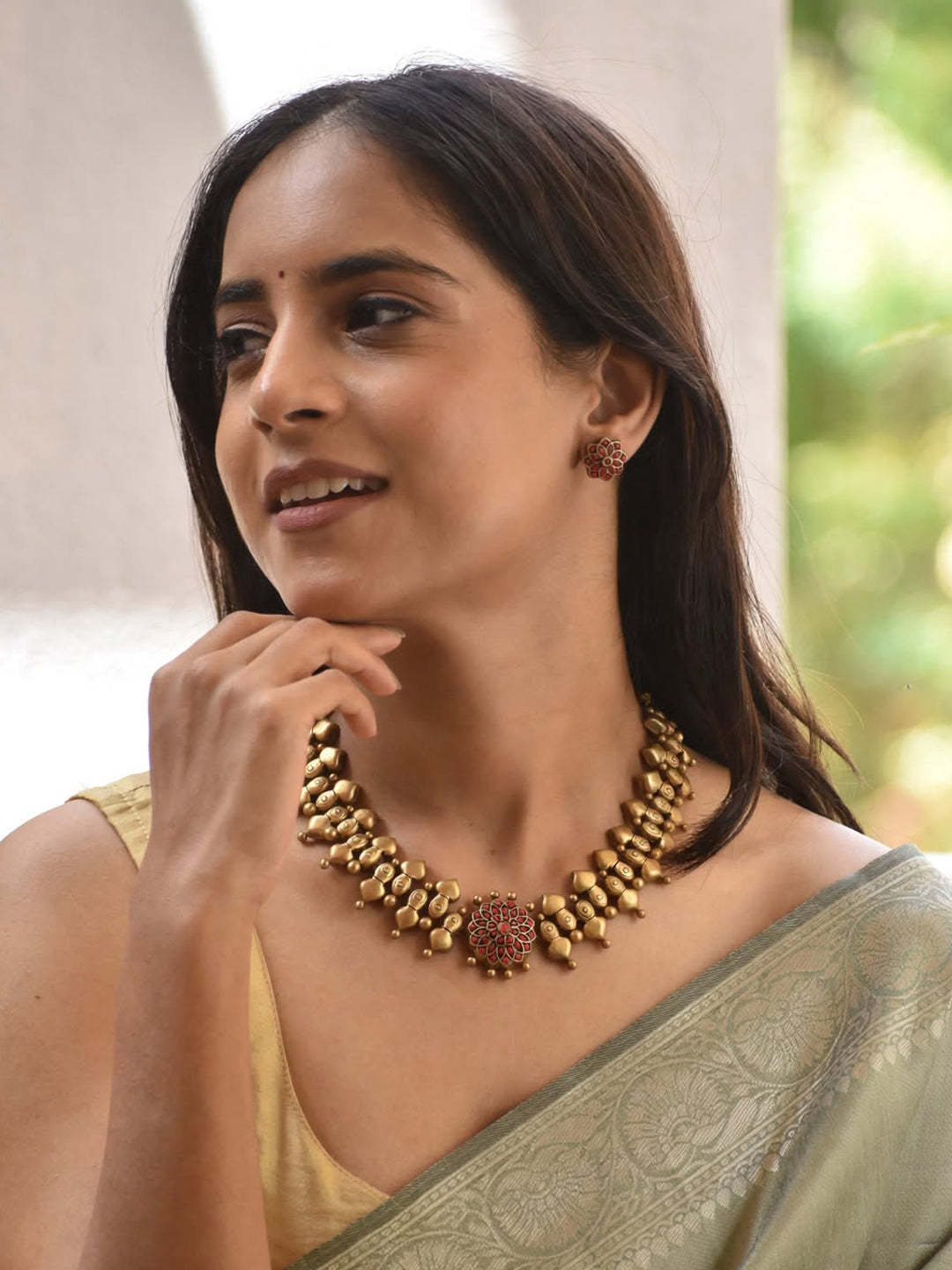 Jadau Pattern Antique Gold Choker Mandala Pendant Antique Gold Pink Handmade Terracotta Necklace Set