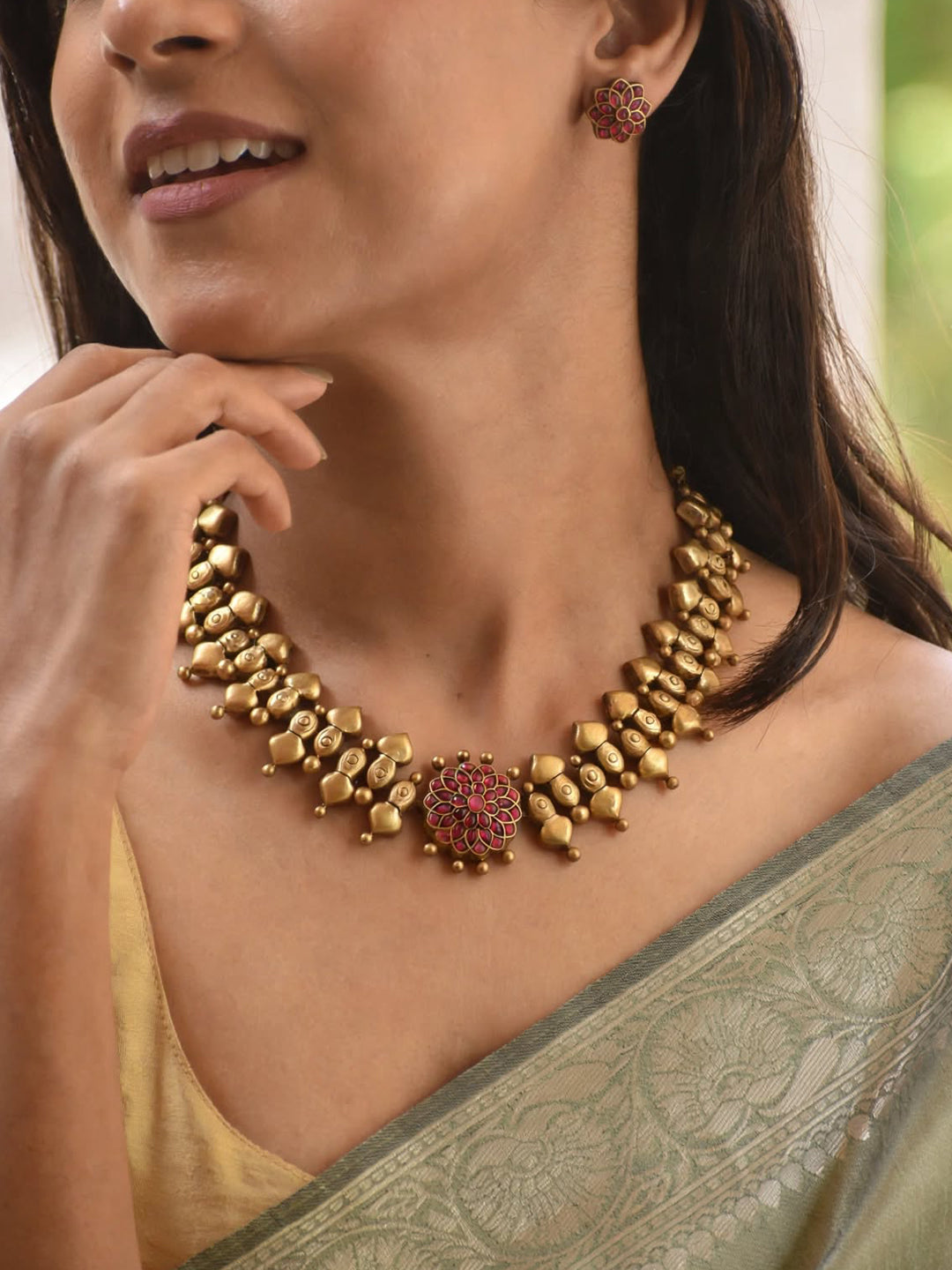 Jadau Pattern Antique Gold Choker Mandala Pendant Antique Gold Pink Handmade Terracotta Necklace Set