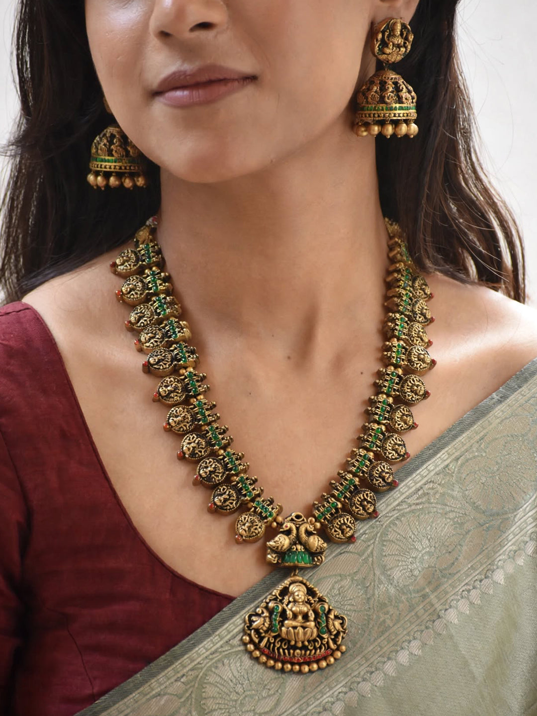 Antique Gold Red Green Temple Lakshmi Peacock Design Handmade Terracotta Necklace Set
