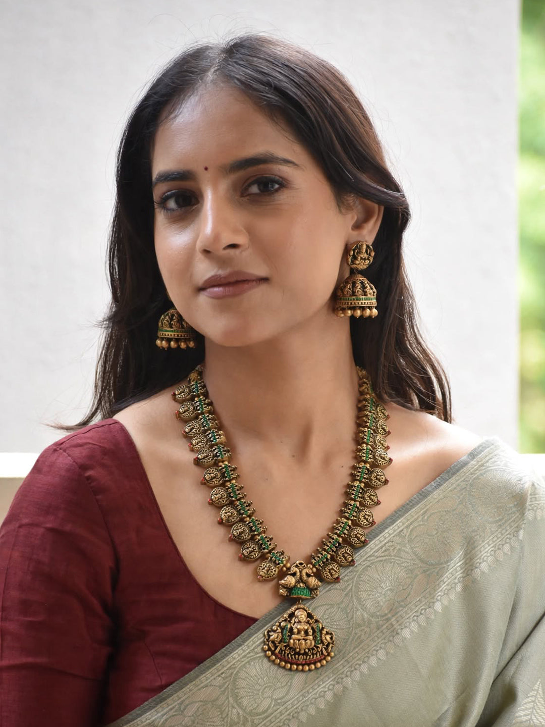 Antique Gold Red Green Temple Lakshmi Peacock Design Handmade Terracotta Necklace Set