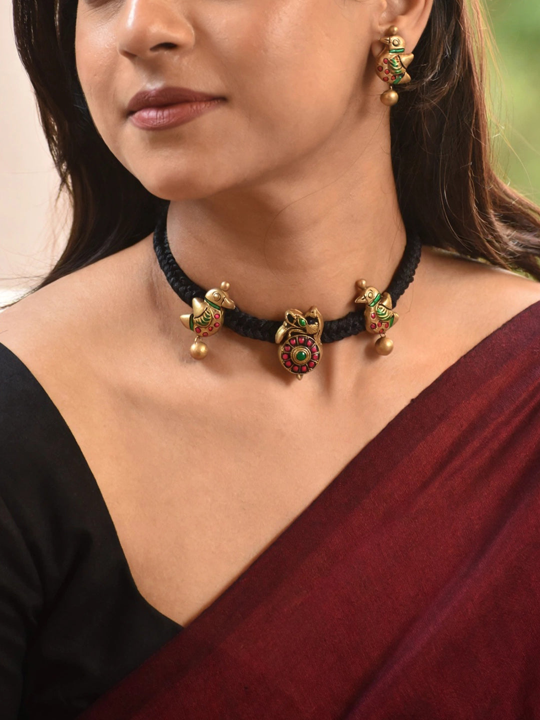 Braided Rope Quirky Bird Design Choker Antique Gold Red Green Handmade Terracotta Necklace Set