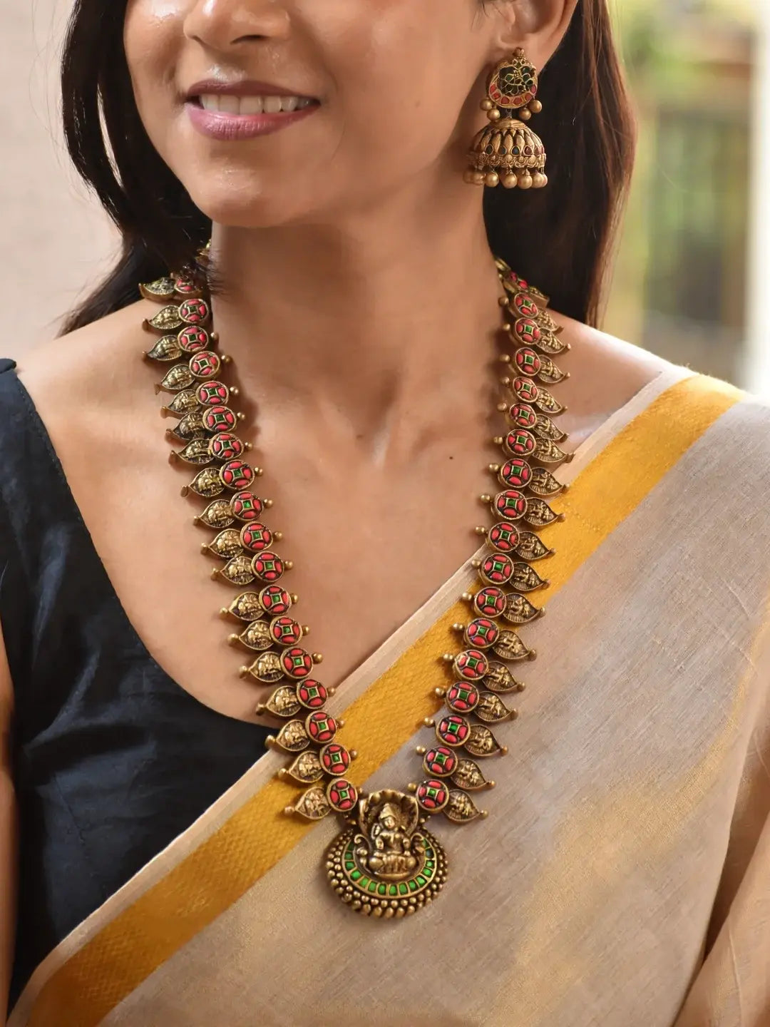 Antique Gold Pink Green Lakshmi and Mango Design Handmade Terracotta Necklace Set
