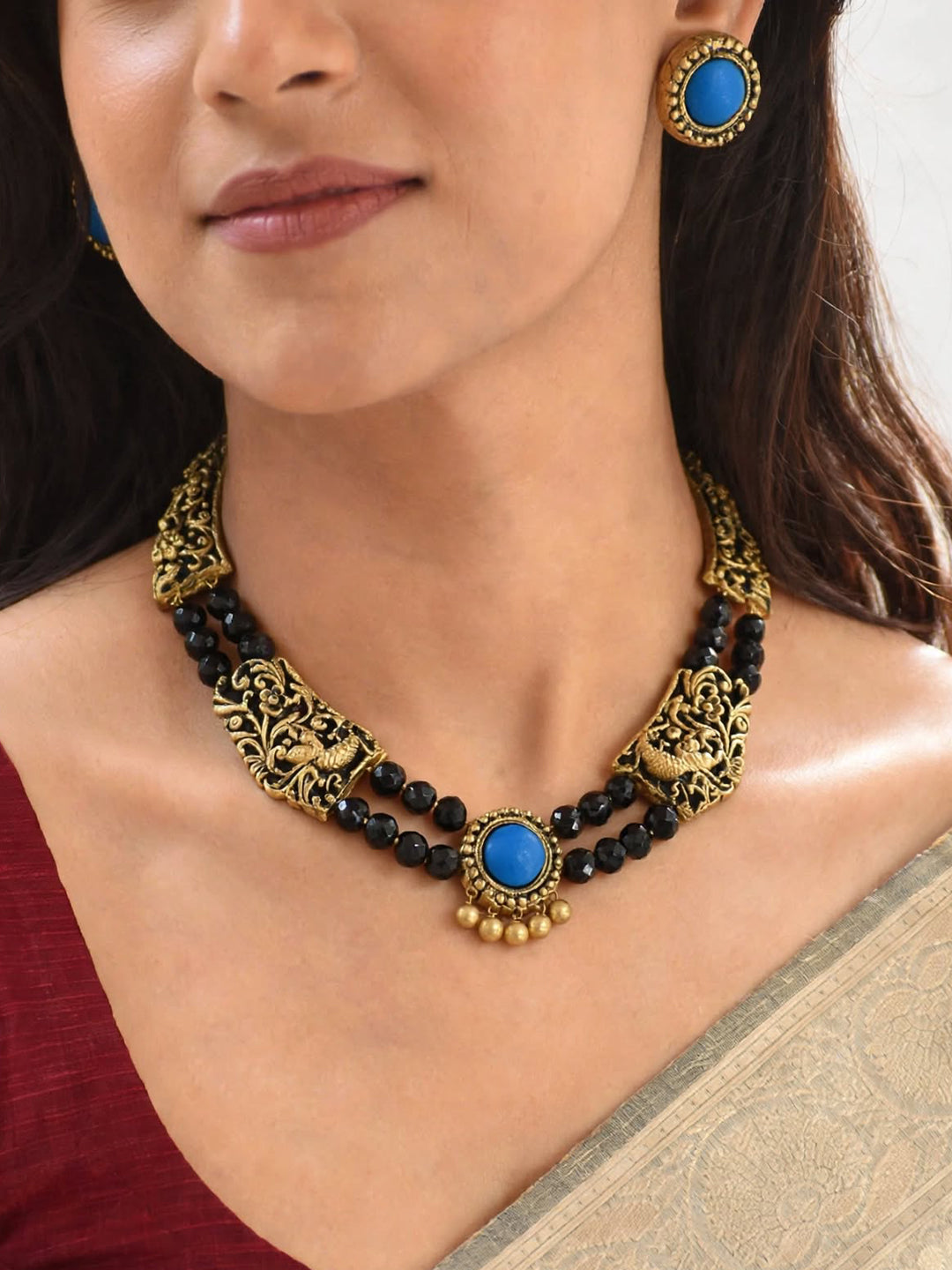 2 Layered Rani Haar Design Black Glass Beads Peacock Design Antique Gold Blue Handmade Terracotta Necklace Set