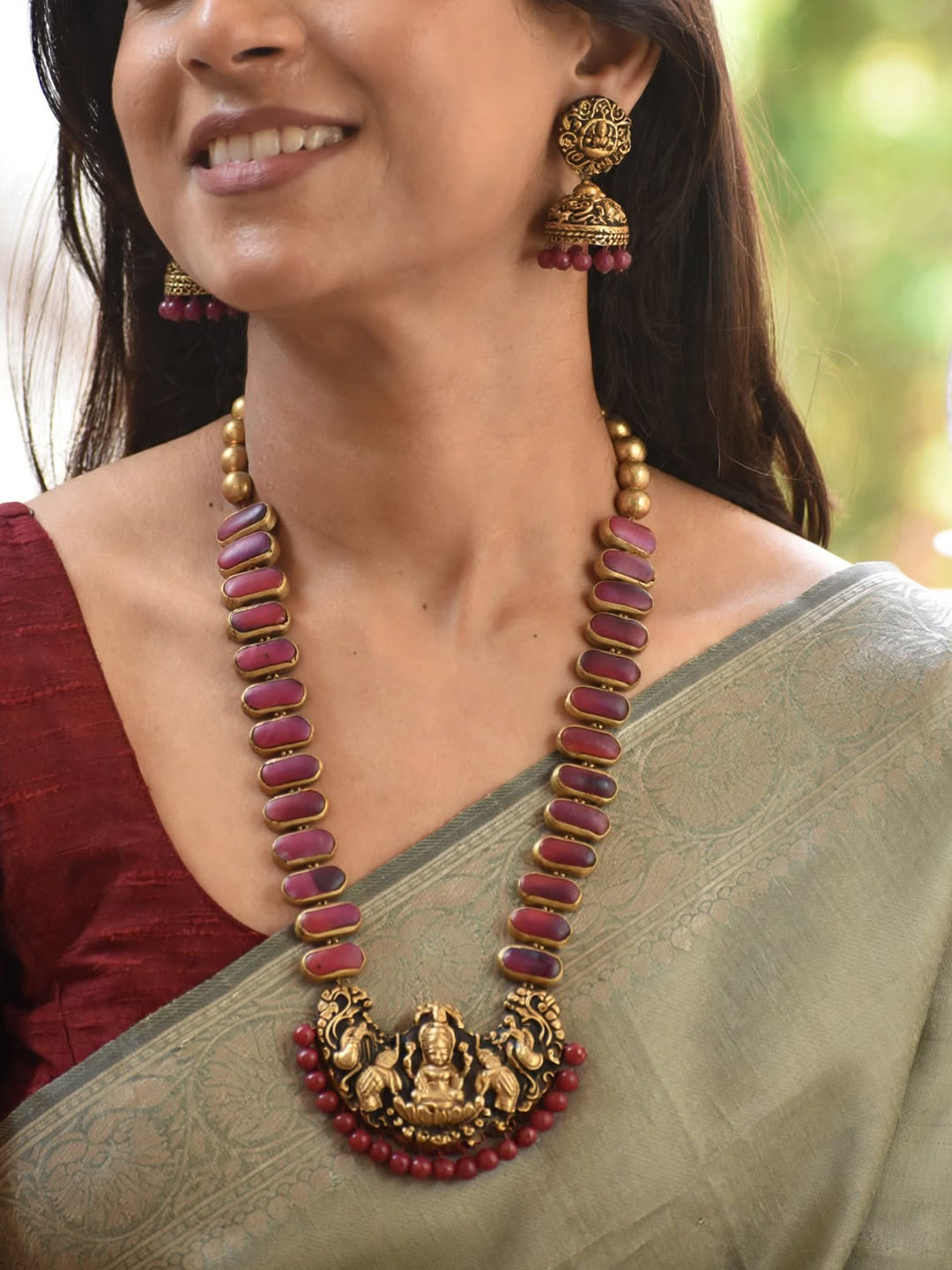 Antique Gold Maroon Wine Handmade Terracotta Geometrical Design Long Lakshmi Haram Necklace Set