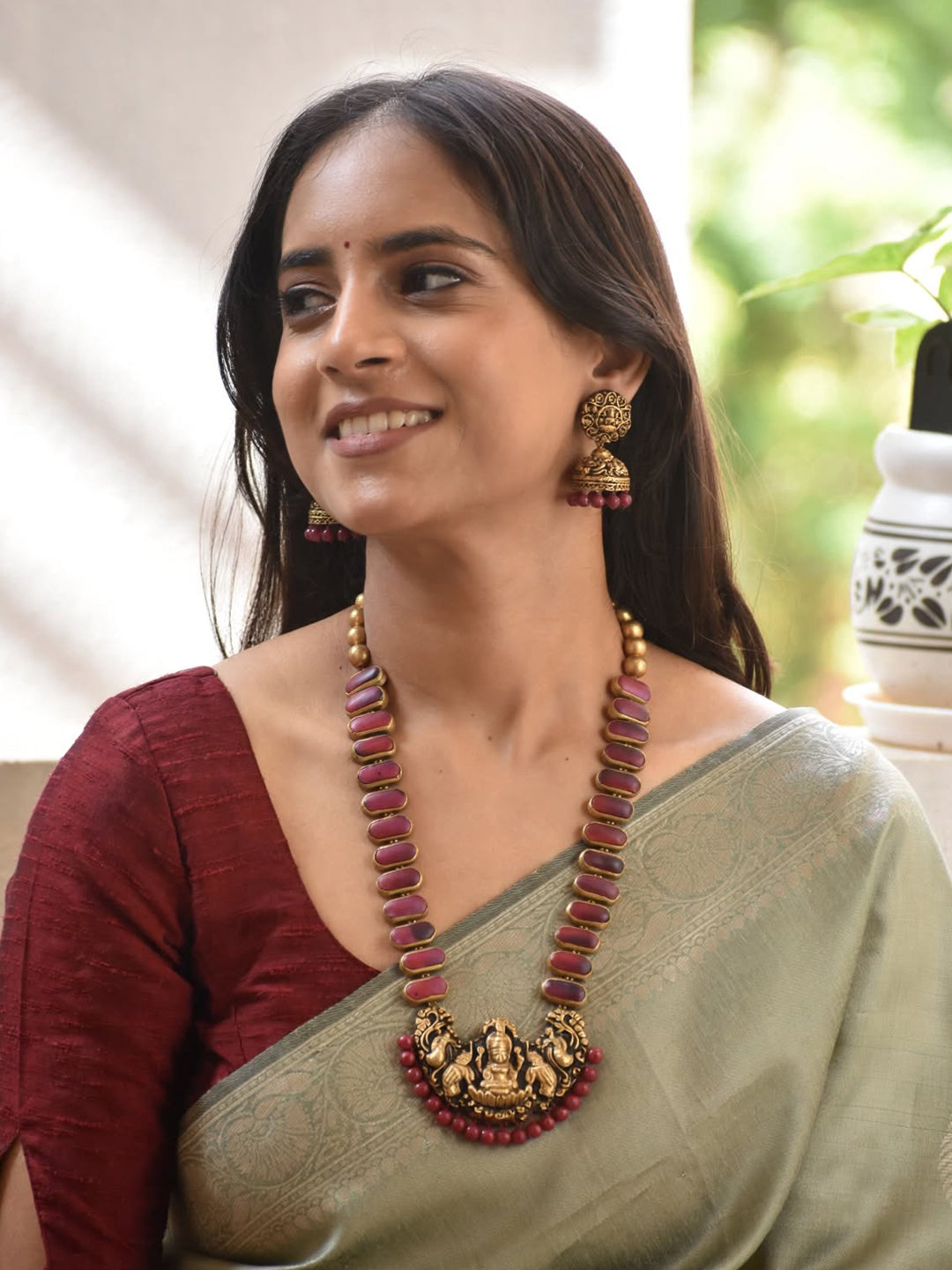 Antique Gold Maroon Wine Handmade Terracotta Geometrical Design Long Lakshmi Haram Necklace Set
