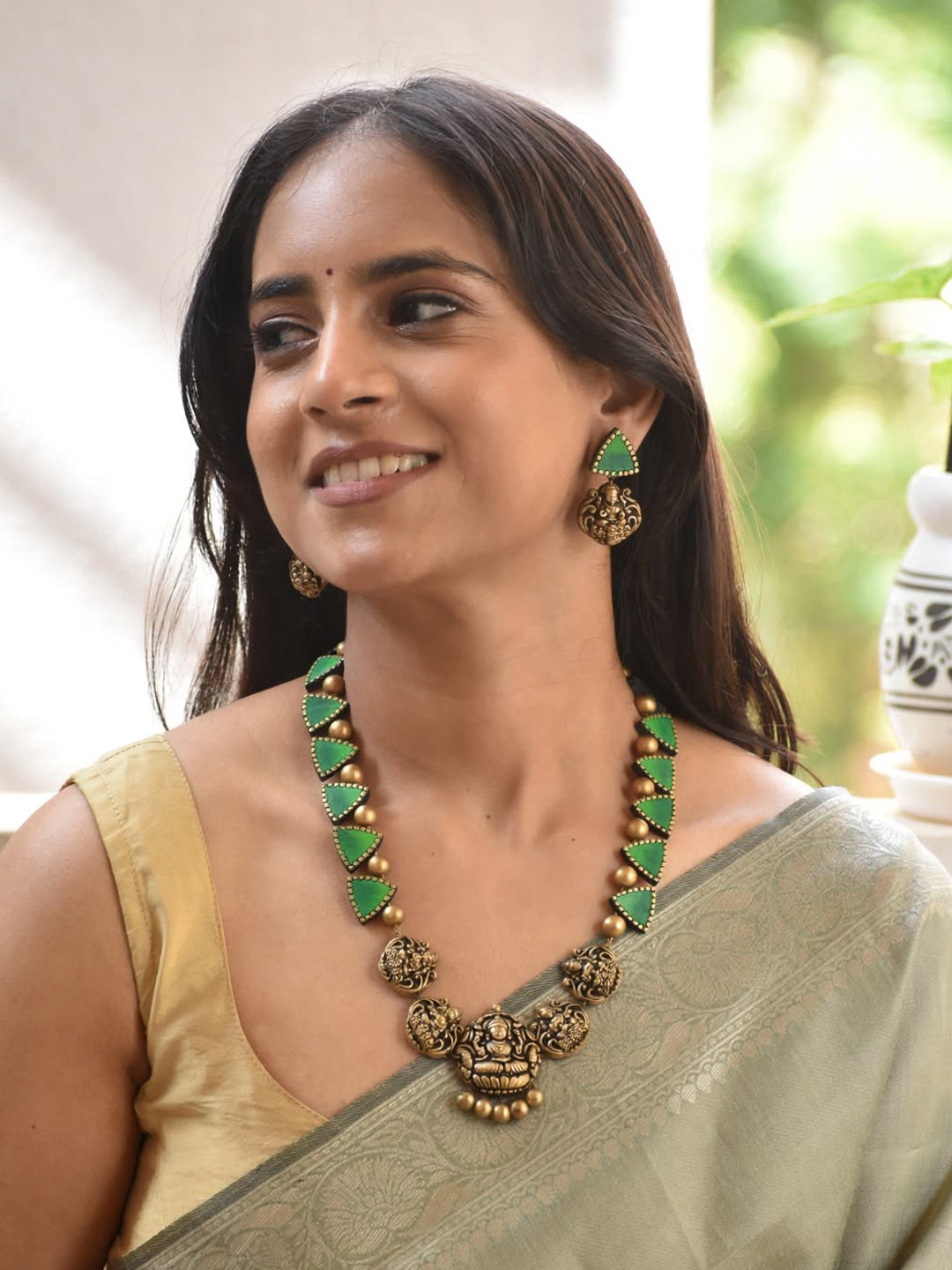 Antique Gold Green Geometrical Pattern and Lakshmi Design Handmade Terracotta Necklace Set